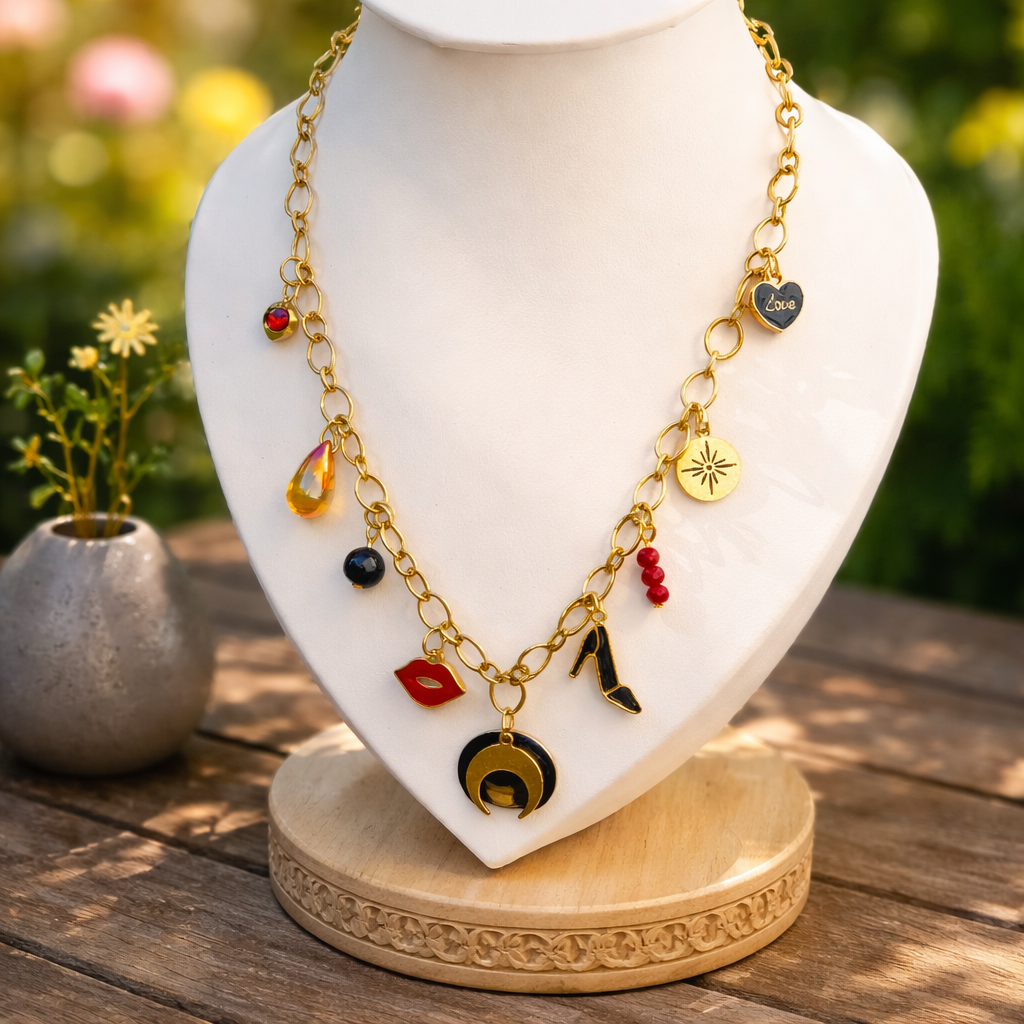 Collier rouge noir doré - Breloques acier inoxydable soirée Jeanne  40cm