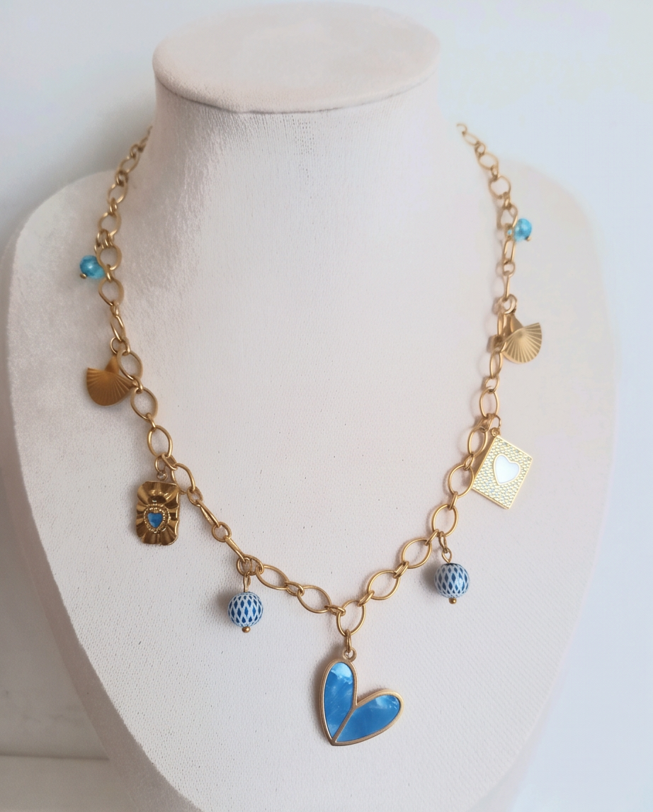 Collier Jana - Breloques Bleu, Verre Émail & Acier Inoxydable 40cm