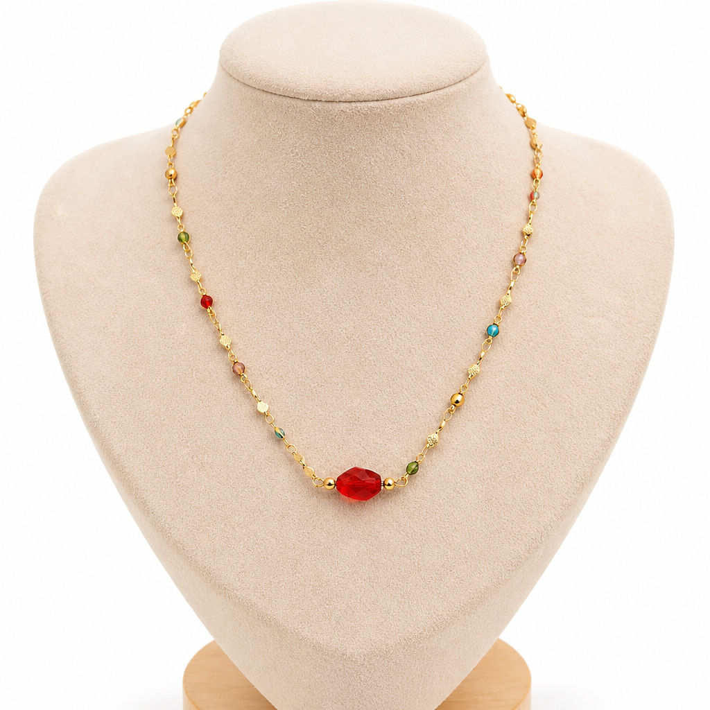 Collier Rainbow — Perles de Verre Multicolores & Cristal, Chaîne Acier Inoxydable Fait Main