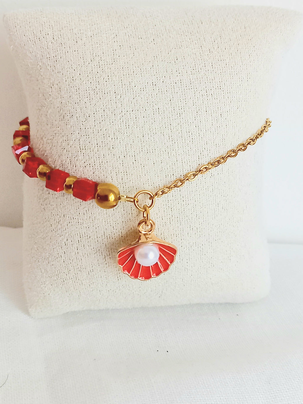 Bracelet en acier inoxydable,perles  verre , rouge passion