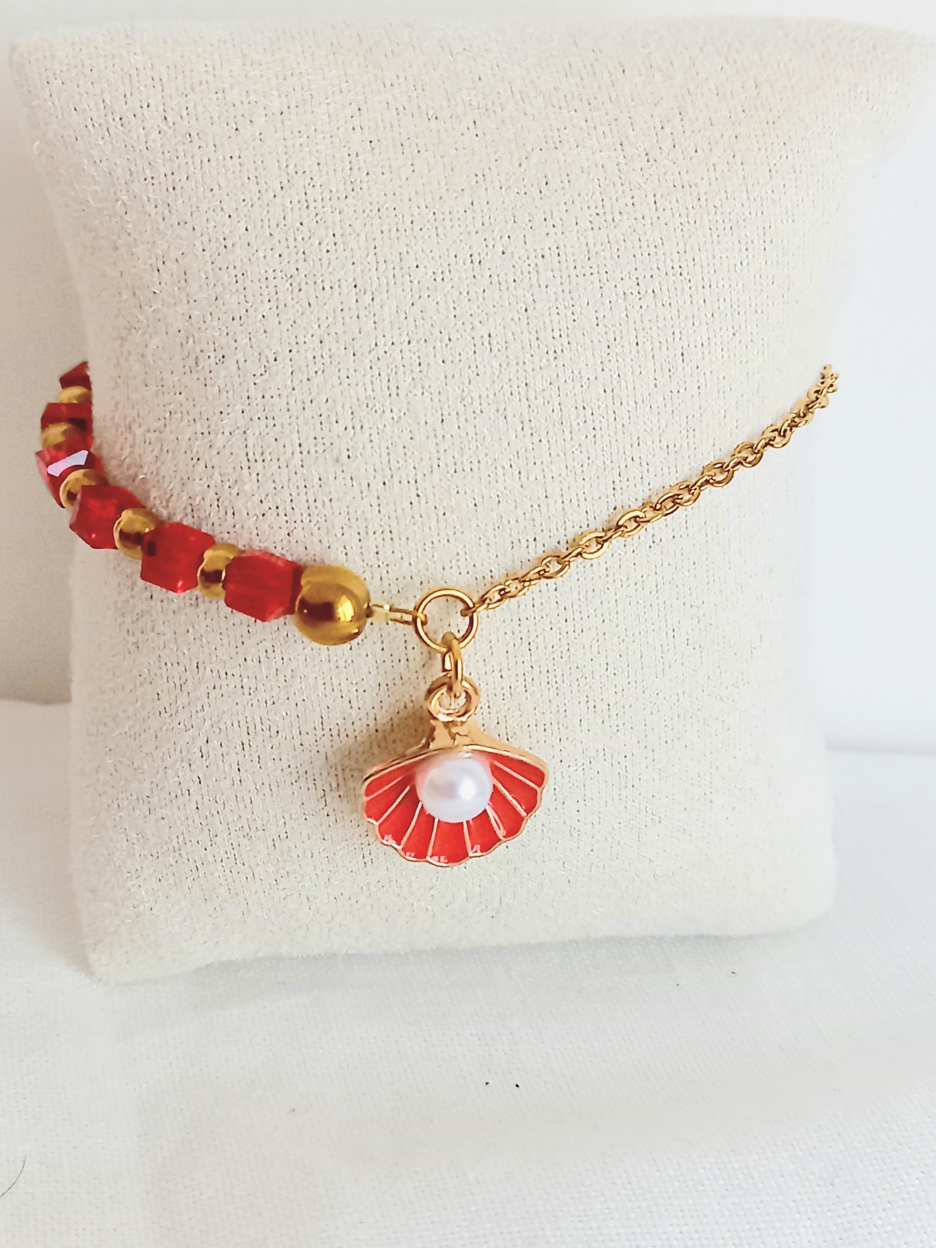 Bracelet en acier inoxydable,perles  verre , rouge passion