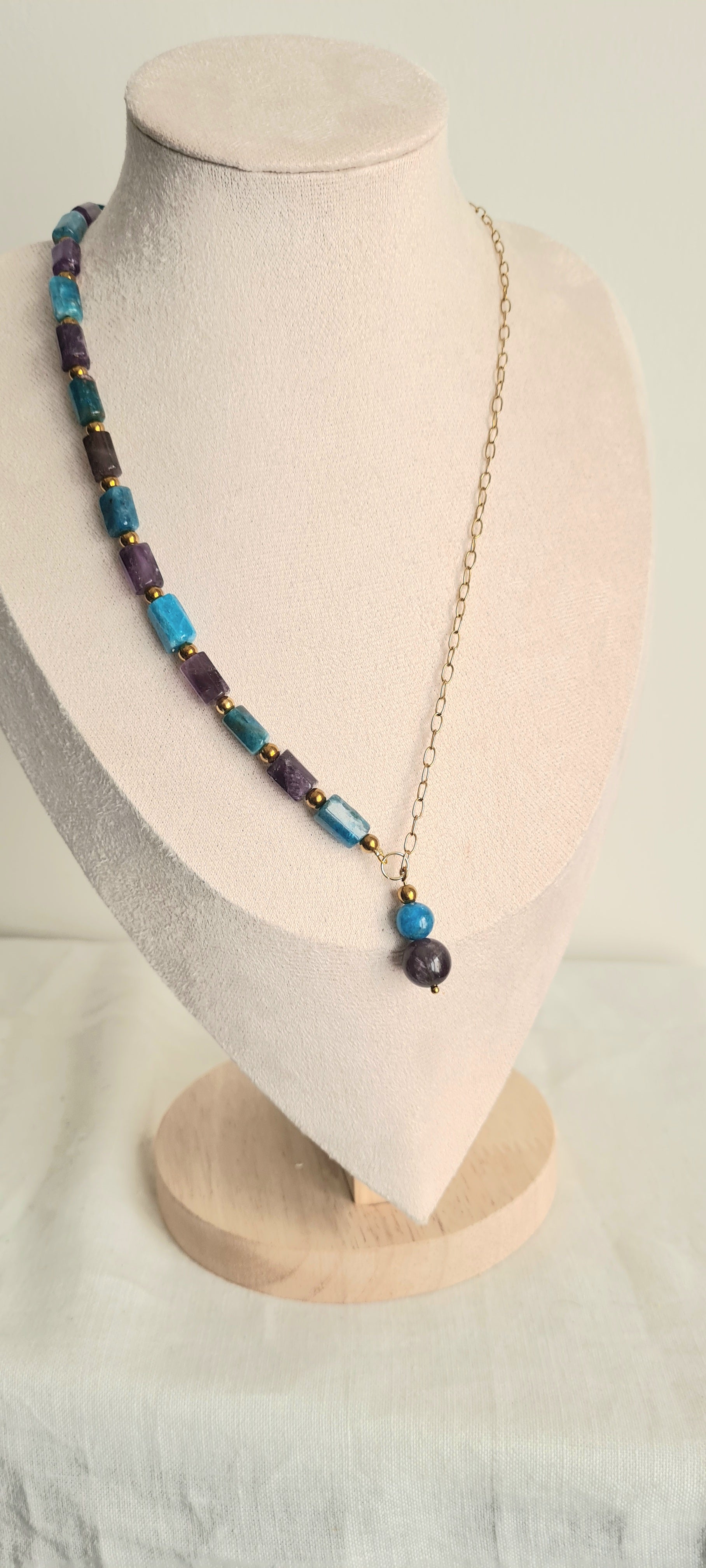 Collier lithotherapie améthyste apatite acier inoxydable lisa