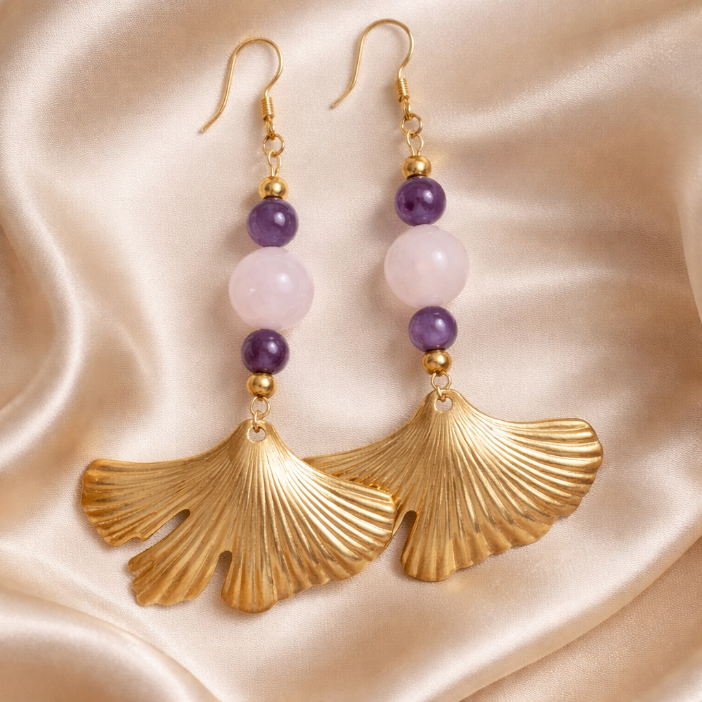 Boucles d'Oreilles Bohème Améthyste Quartz Rose - Feuille Ginkgo Lithothérapie 8cm