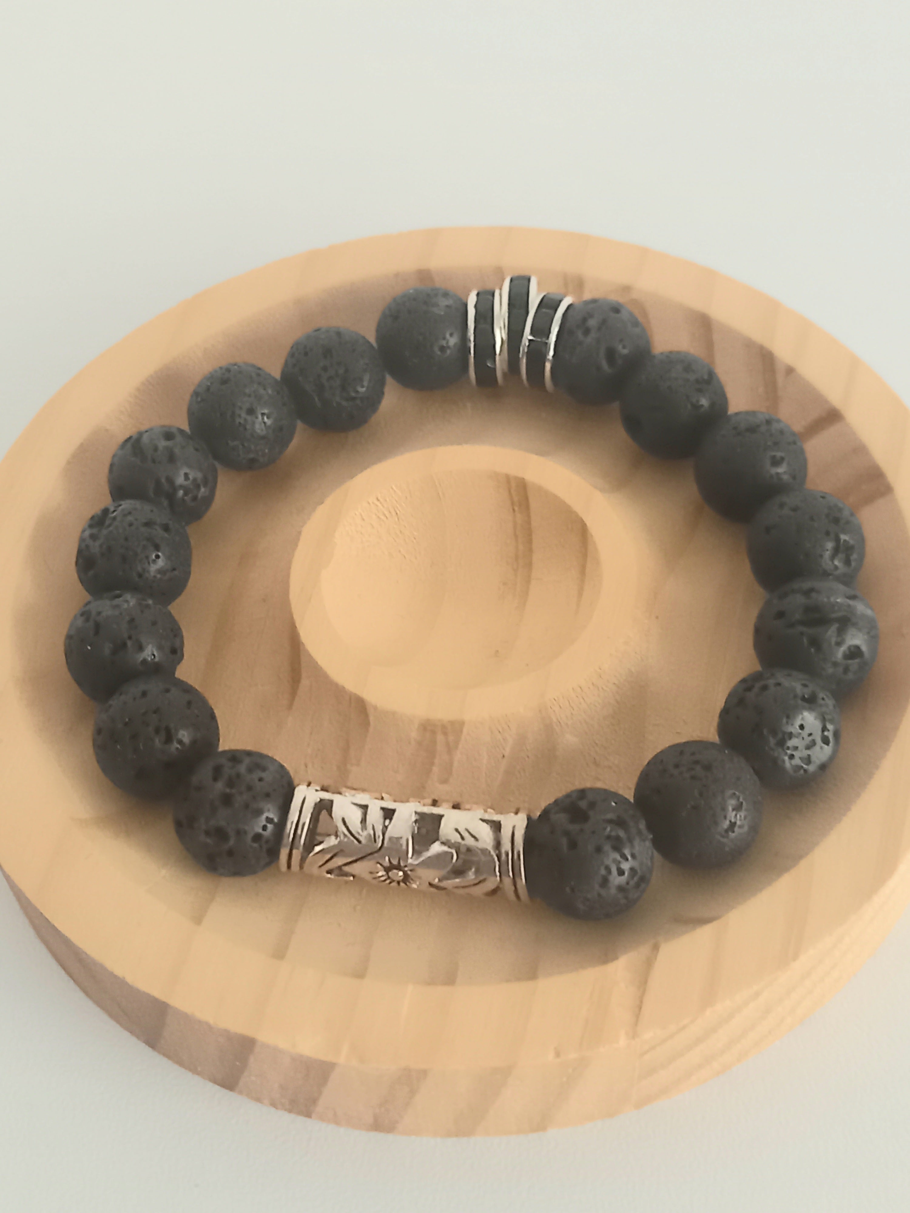  Bracelet homme pierre de lave lithothérapie acier inoxydable noir fait main France