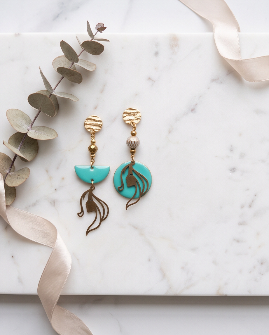 Boucles d'oreilles noir, rouge , bleu et doré - Breloques acier inoxydable émail