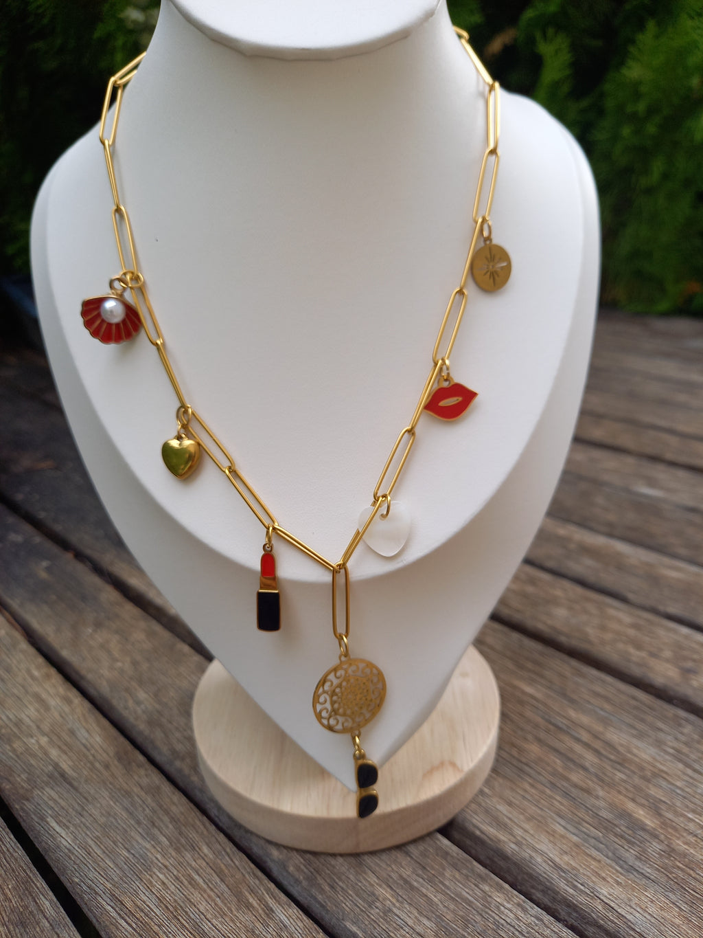 Collier Breloques Acier Inoxydable - Émail Nacre Élégant