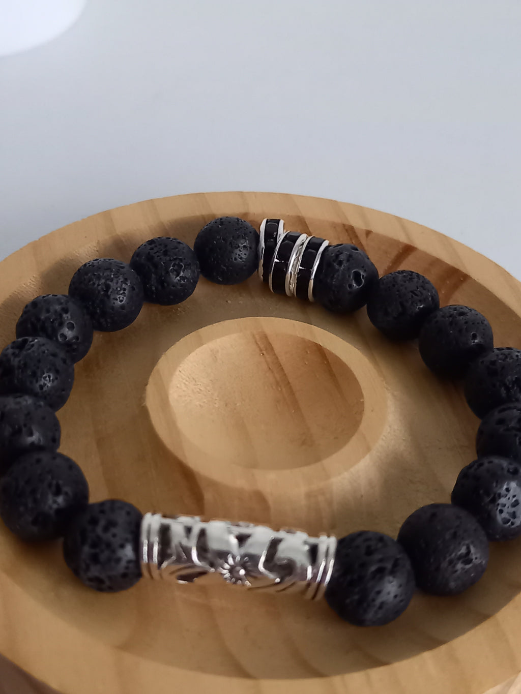 Bracelet Homme Pierre de Lave Noir - Lithothérapie Acier Inoxydable France