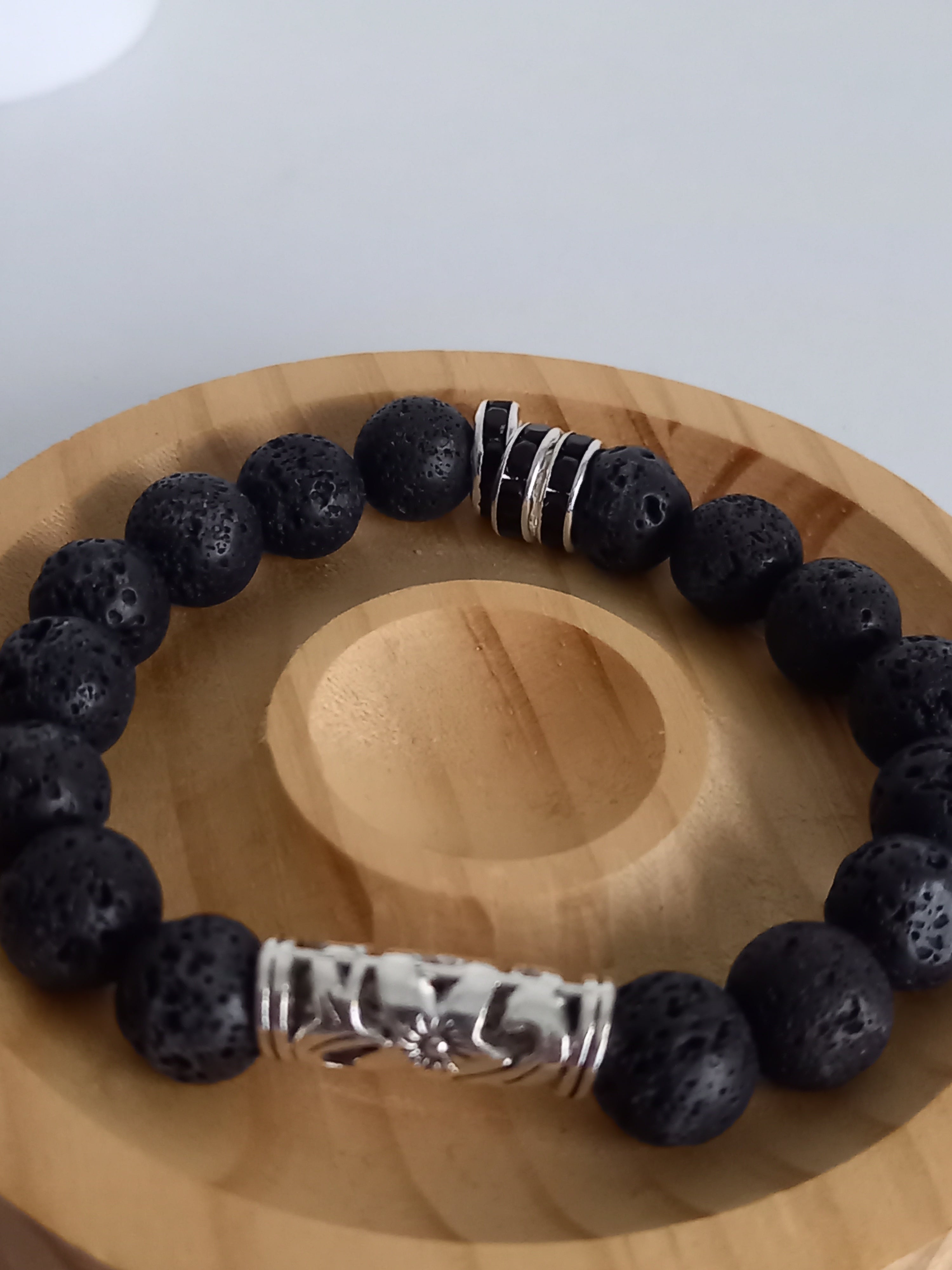 Bracelet Homme Pierre de Lave Noir - Lithothérapie Acier Inoxydable France