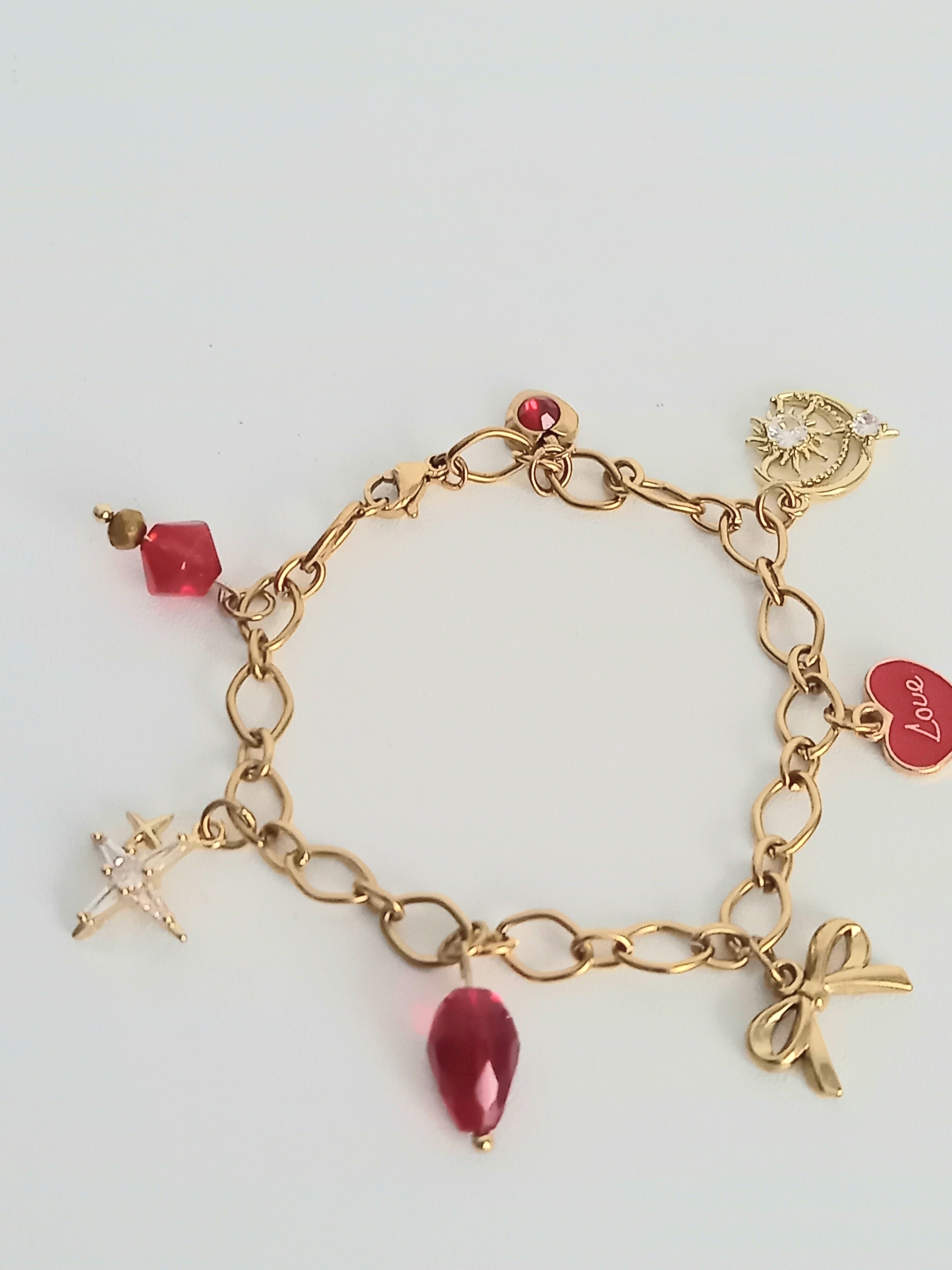 Bracelet Rouge & Or - Breloques Verre Bohème Femme Fait Main