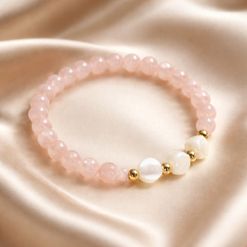 Bracelet Lithothérapie Love Quartz Rose - Cœurs Nacre Acier Inoxydable 15cm