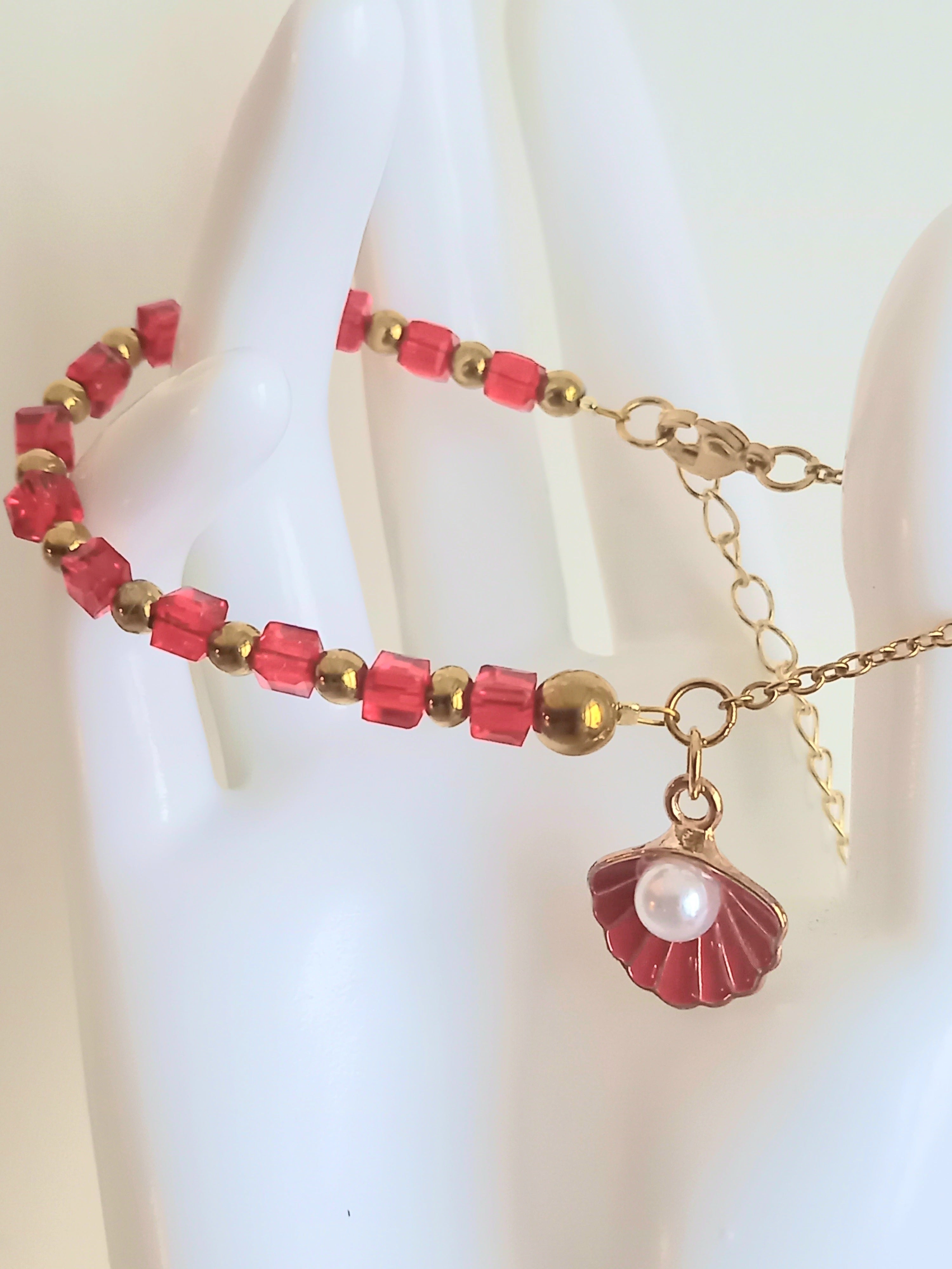 Bracelet en acier inoxydable,perles  verre , rouge passion