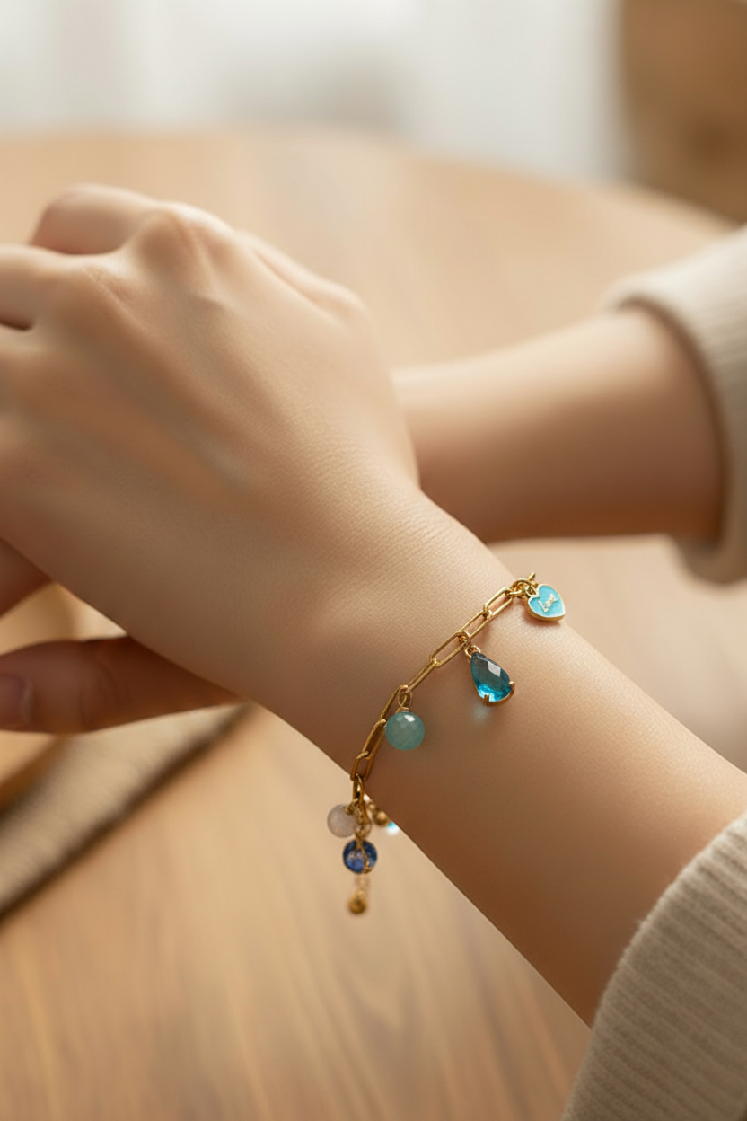 Bracelet bleu breloques - Verre acier inoxydable