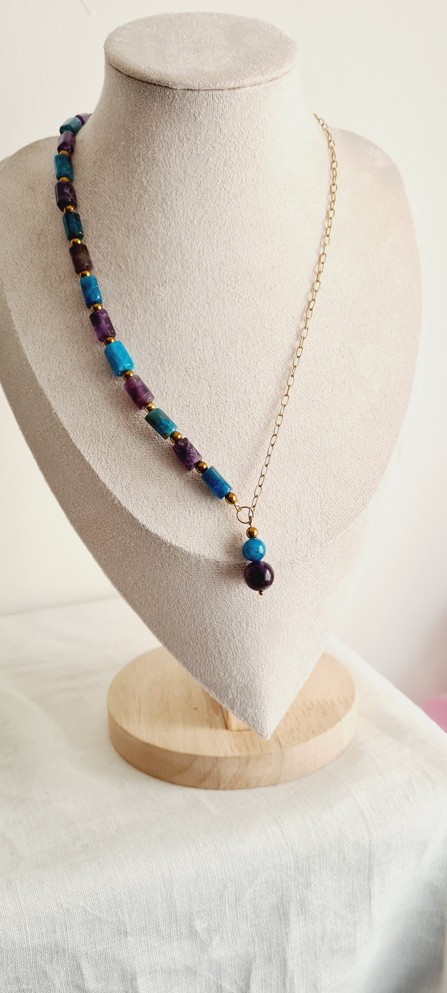 Collier lithotherapie améthyste apatite acier inoxydable lisa