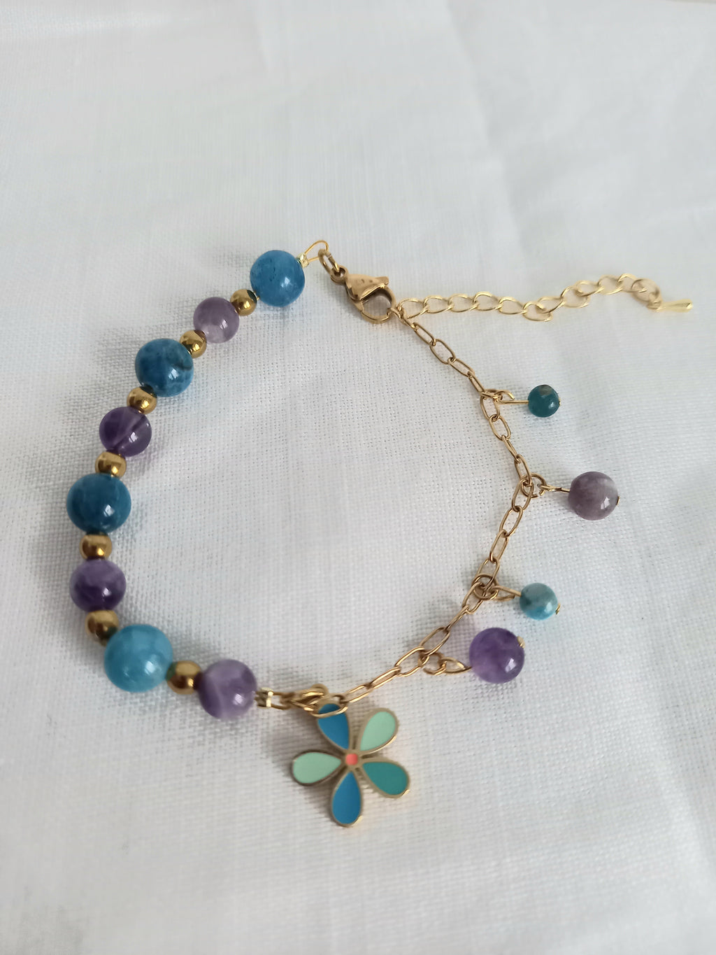 Bracelet améthyste apatite fleur - Pierres naturelles acier inoxydable