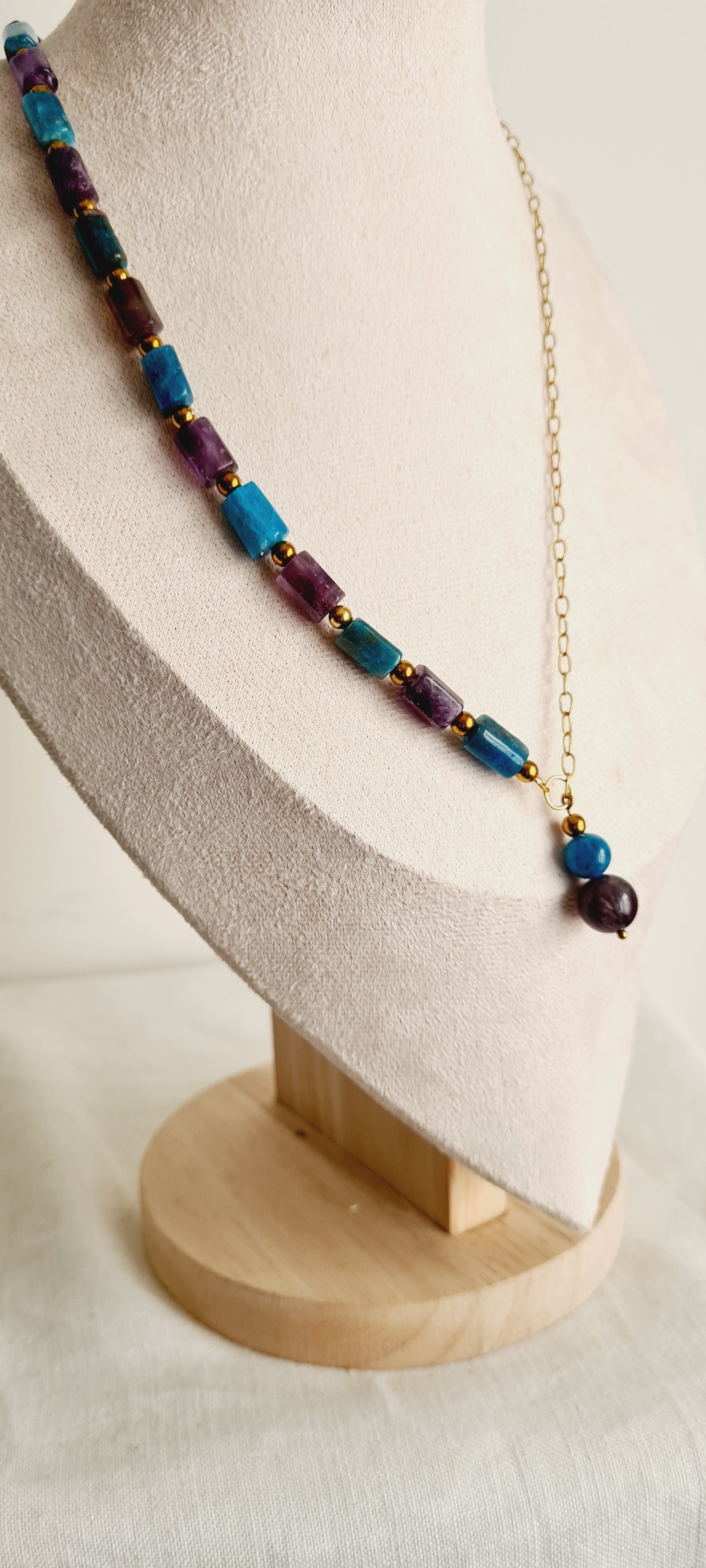 Collier lithotherapie améthyste apatite acier inoxydable lisa