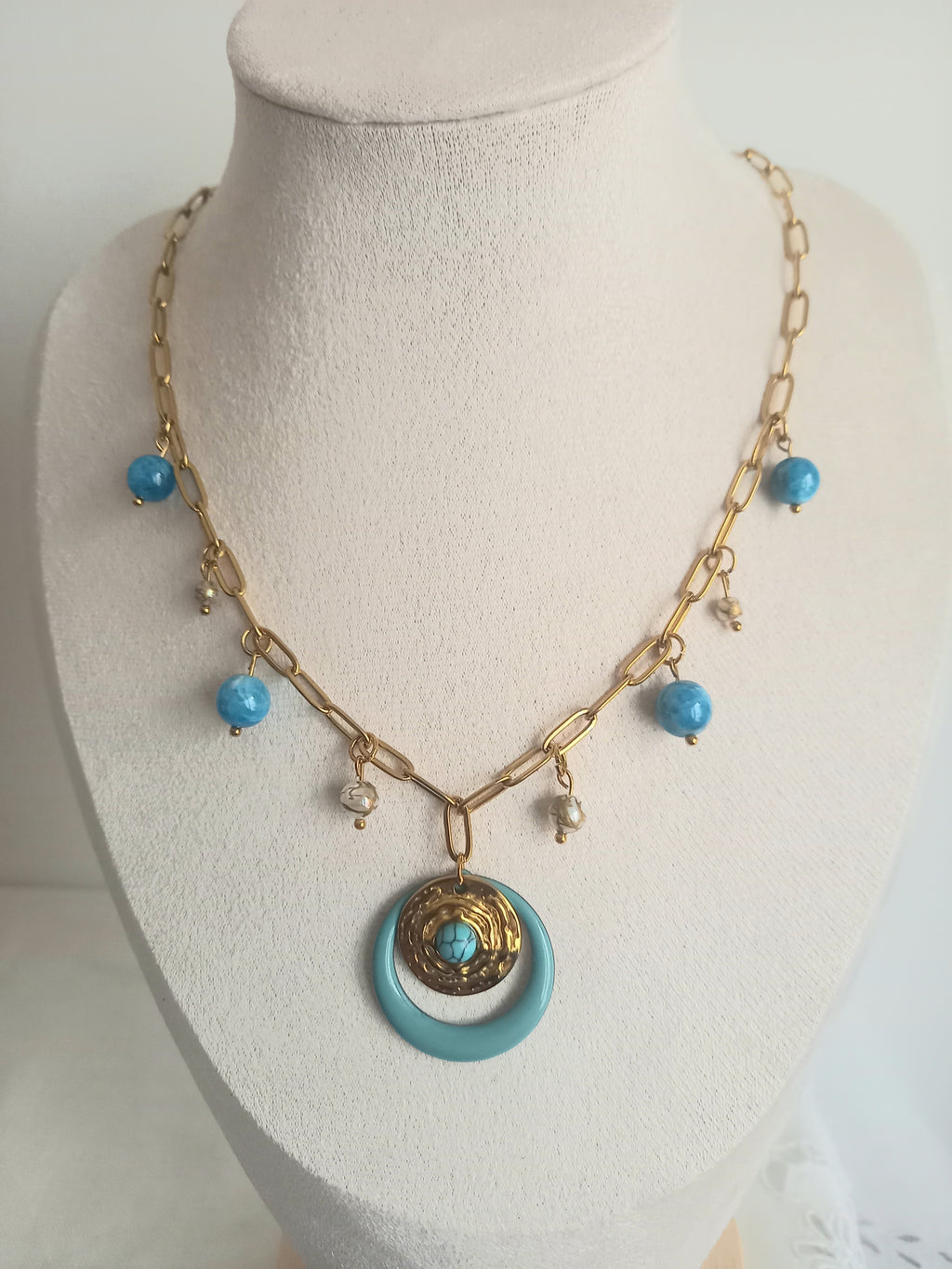 Collier Apatite & Verre - Breloque Émail Acier Inoxydable 40cm susanna