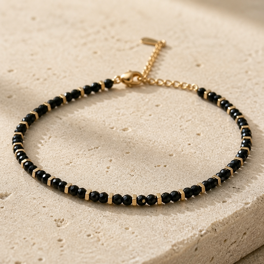 Bracelet agate noire placage ionique - Perles 3mm acier inoxydable nina