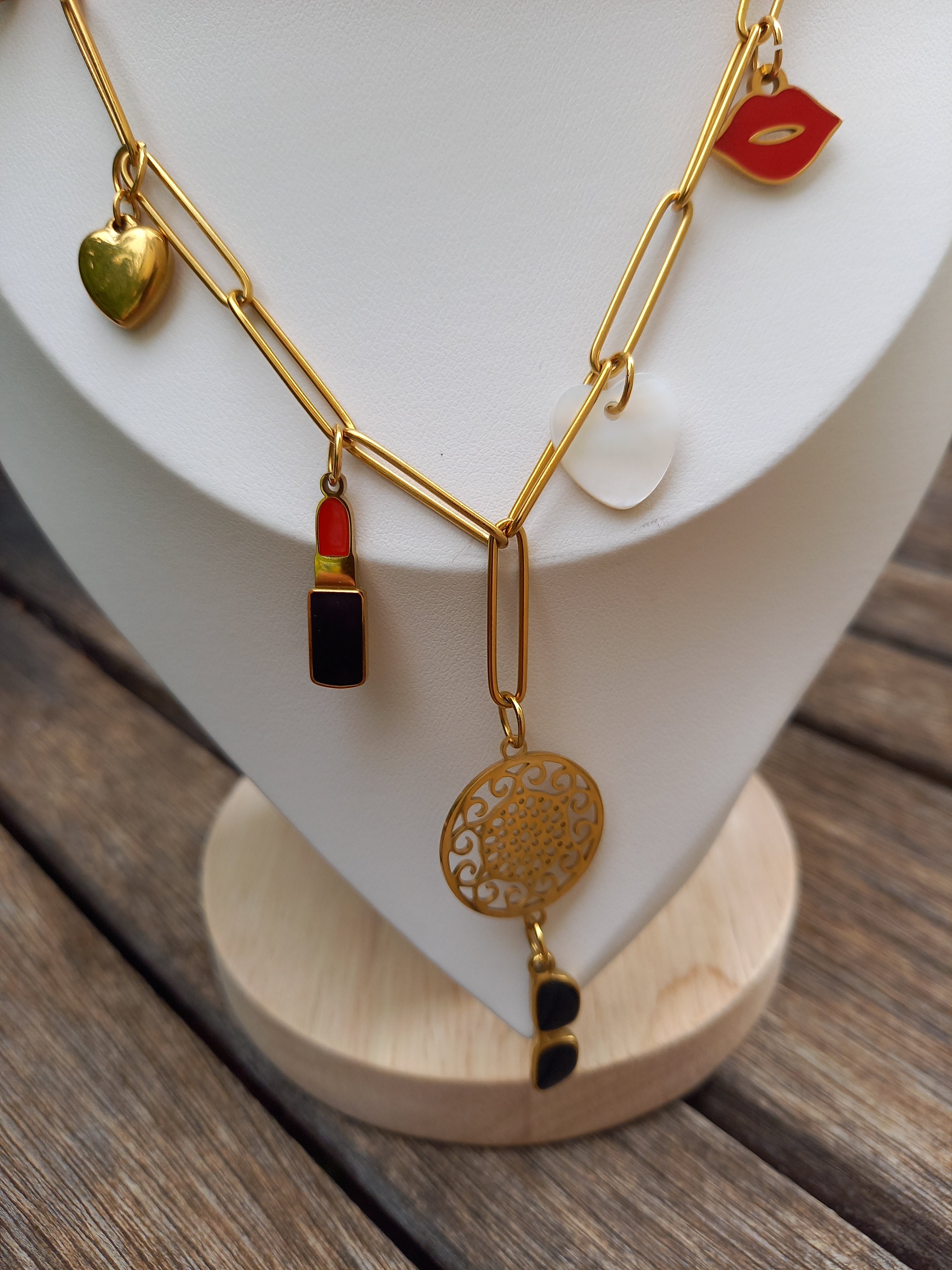 Collier Breloques Acier Inoxydable - Émail Nacre Élégant