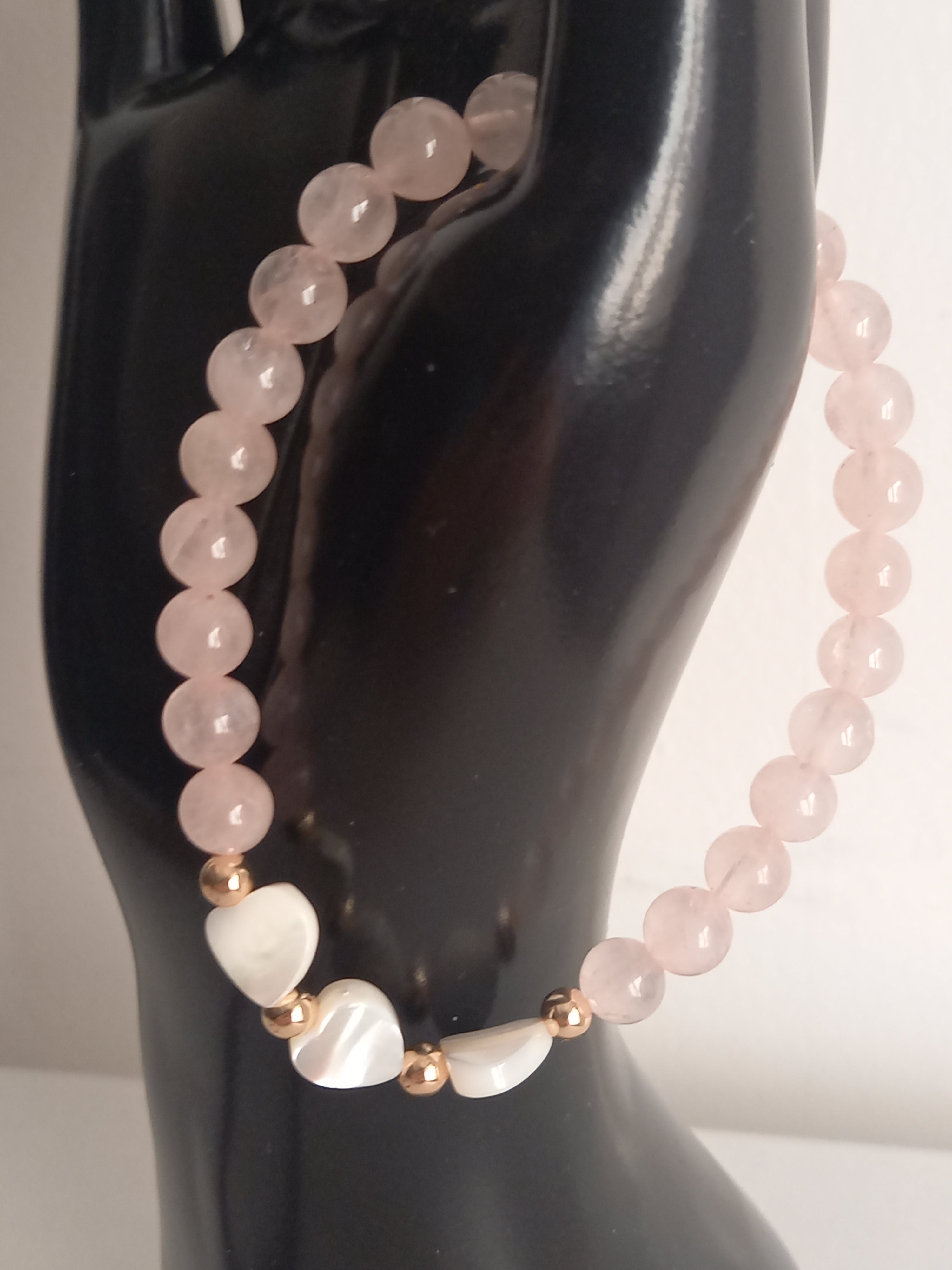 Bracelet Lithothérapie Love Quartz Rose - Cœurs Nacre Acier Inoxydable 15cm