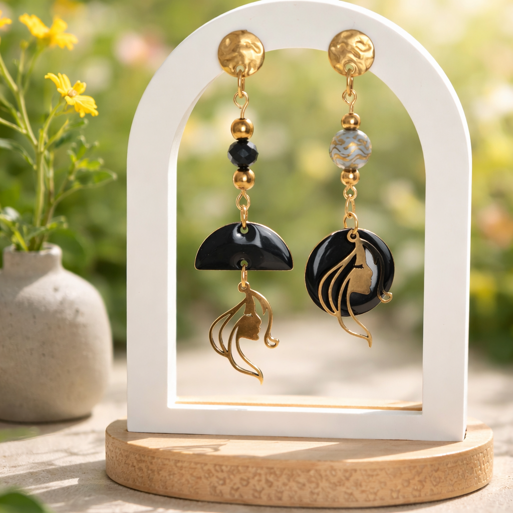 Boucles d'oreilles noir et doré - Breloques acier inoxydable émail