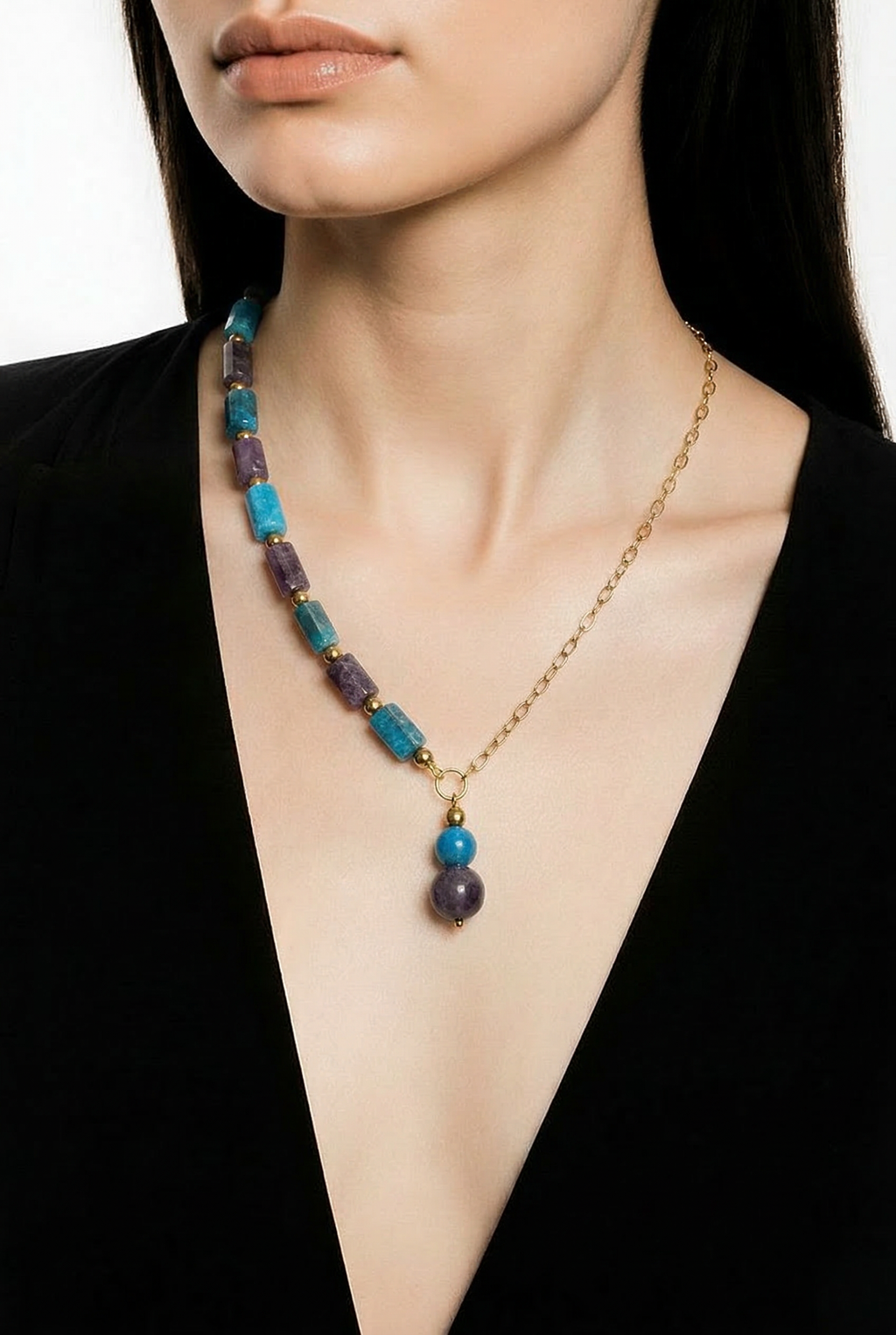 Collier lithotherapie améthyste apatite acier inoxydable lisa