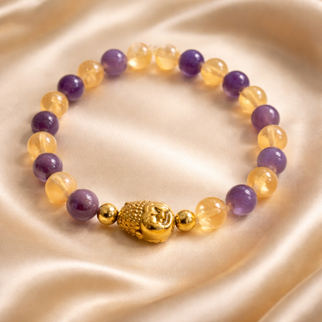 Détail améthyste citrine bouddha bracelet lithothérapie bijoux artisanal français spirituel