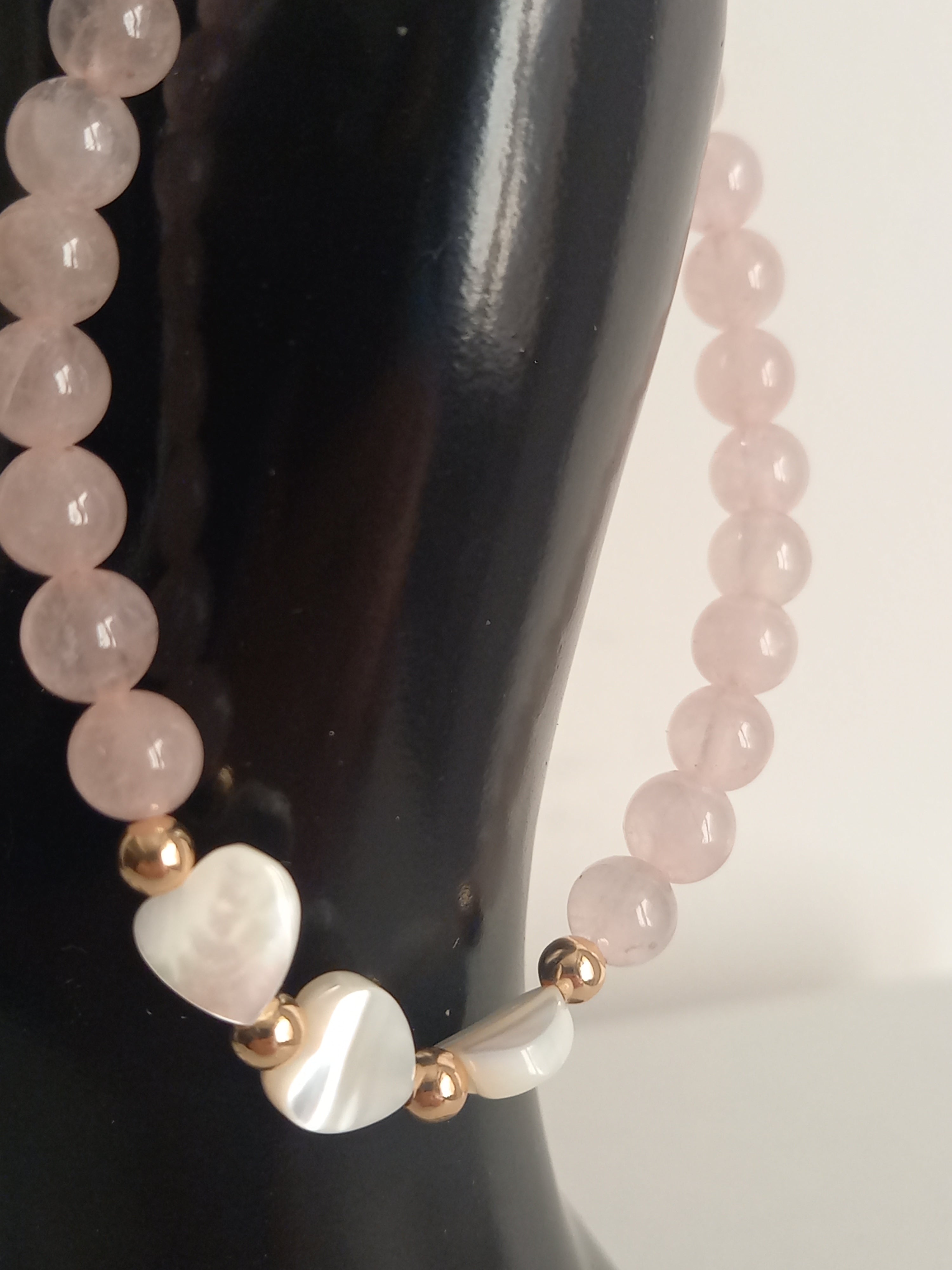 Bracelet Lithothérapie Love Quartz Rose - Cœurs Nacre Acier Inoxydable 15cm