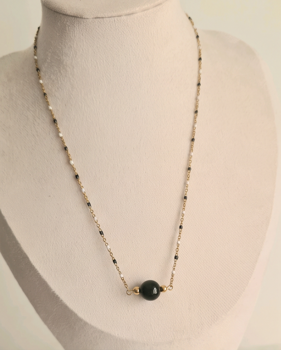 Collier Noir et Blanc – Perle en Verre & Acier Inoxydable | Fait Main France