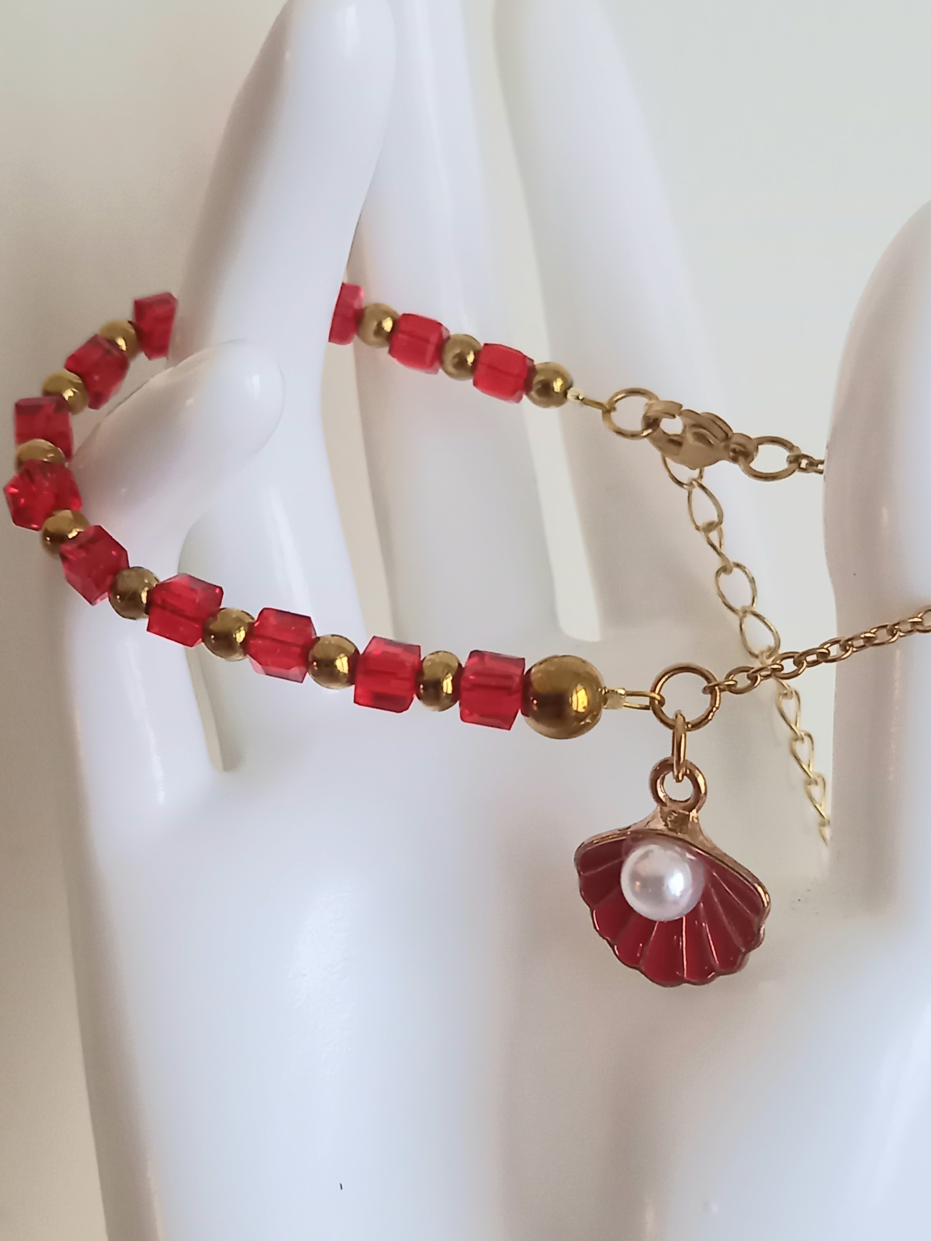 Bracelet en acier inoxydable,perles  verre , rouge passion