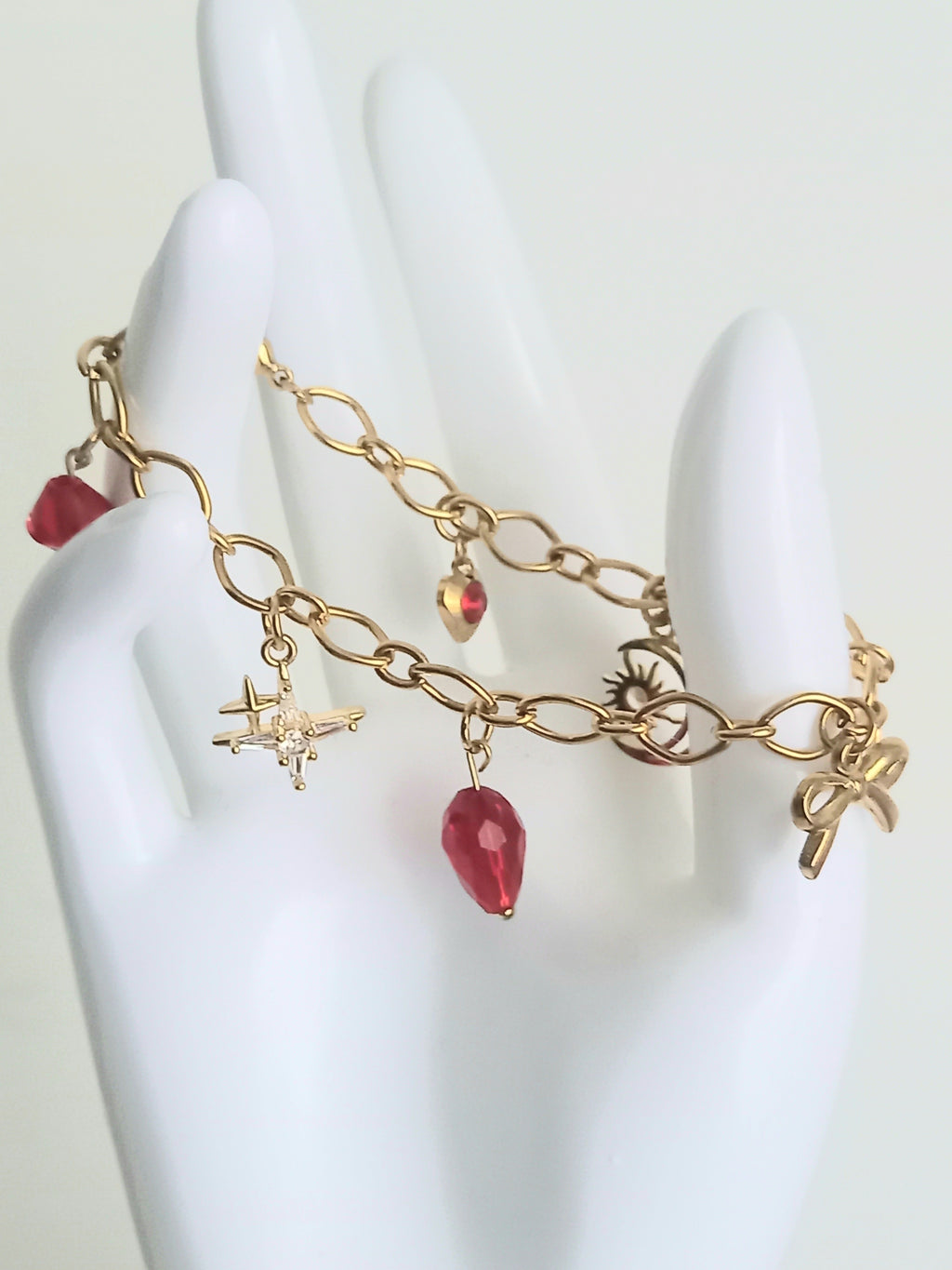 Bracelet Rouge & Or - Breloques Verre Bohème Femme Fait Main