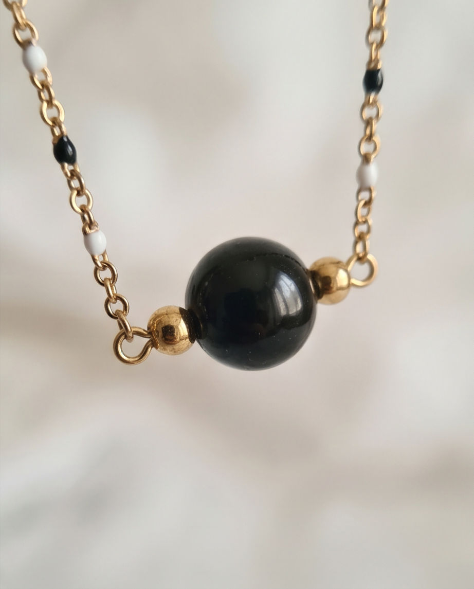 Collier Noir et Blanc – Perle en Verre & Acier Inoxydable | Fait Main France