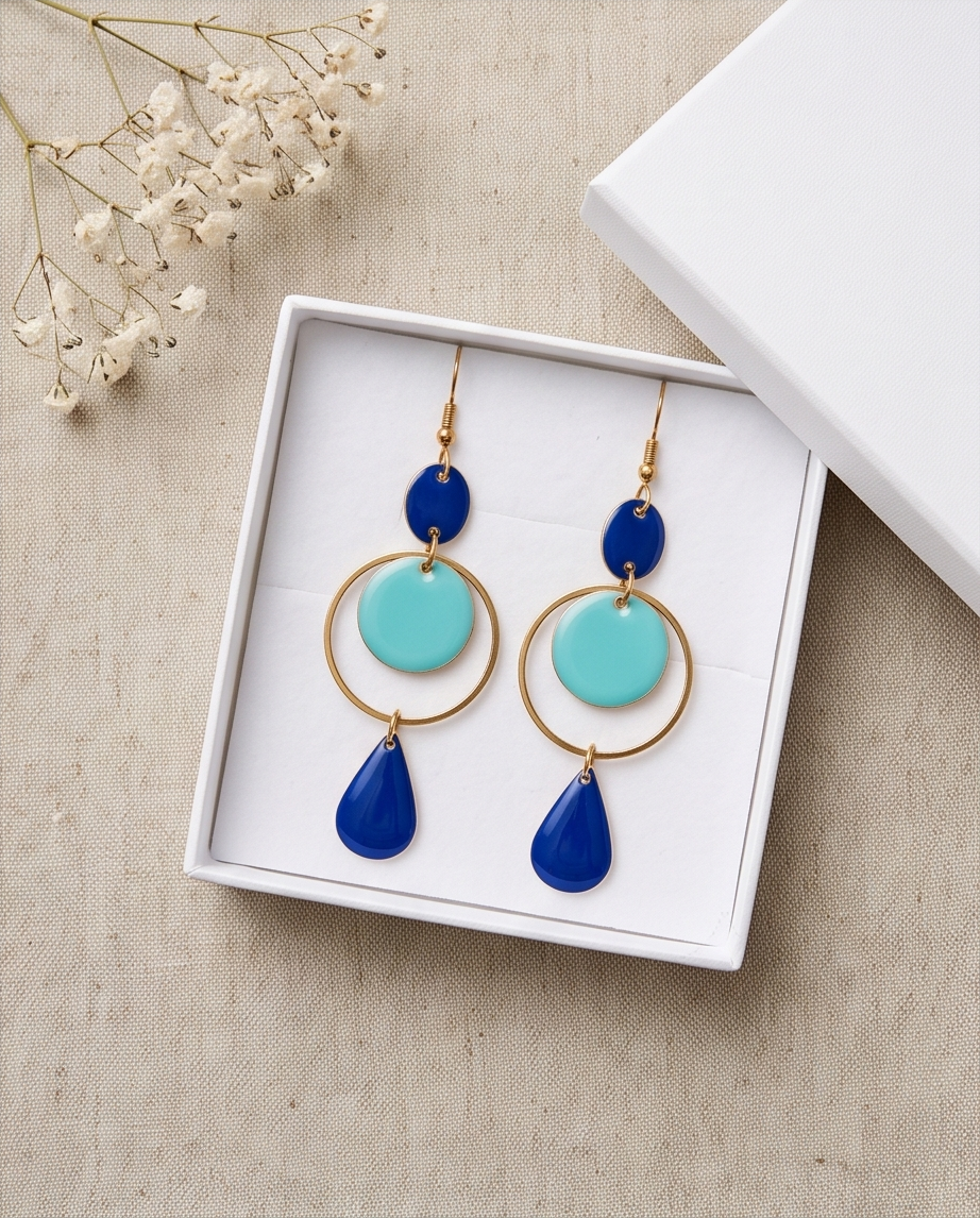 Boucles d'oreilles bleues artisanales – Acier inoxydable & émail | Fait main France