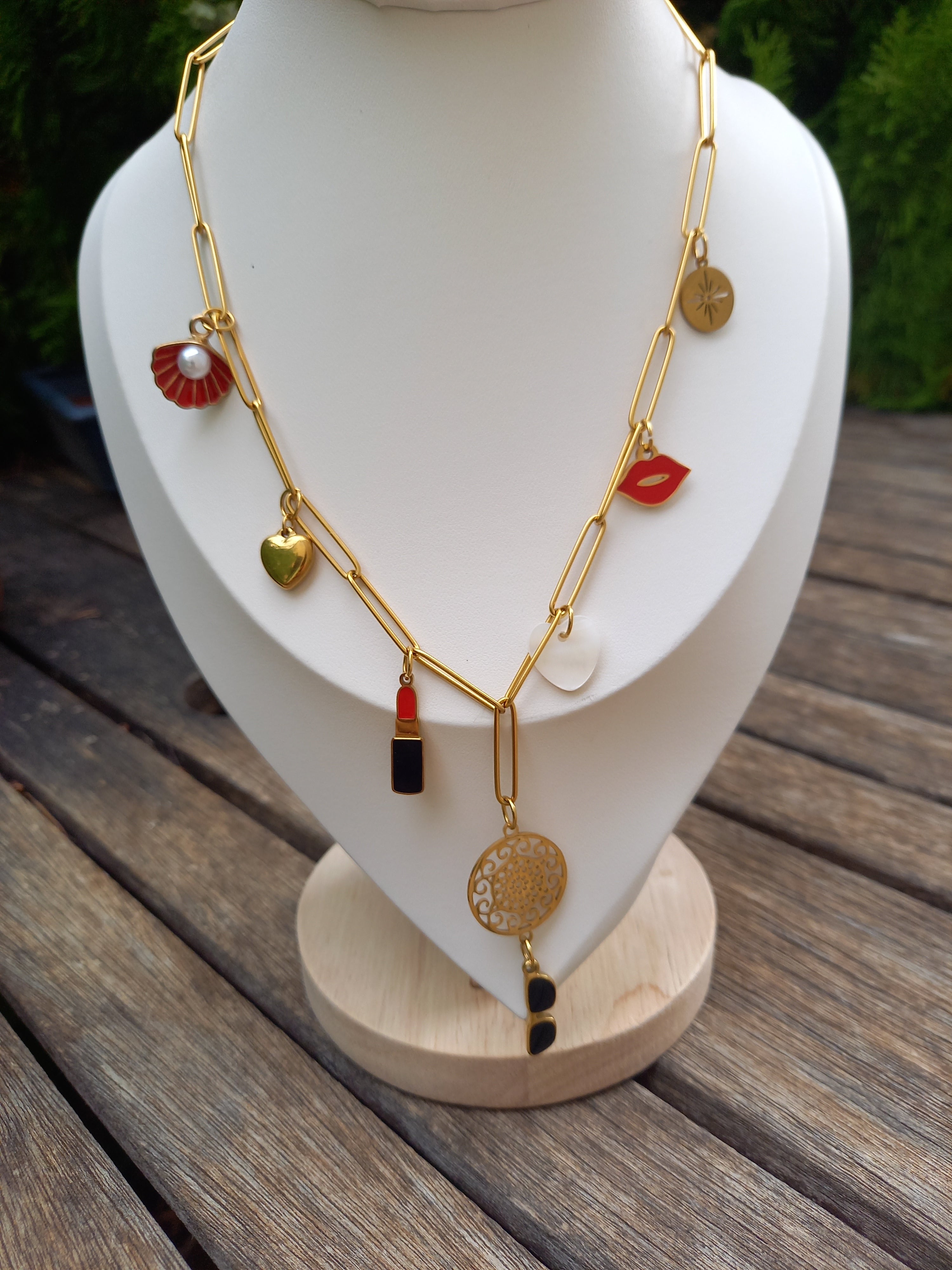 Collier Breloques Acier Inoxydable - Émail Nacre Élégant