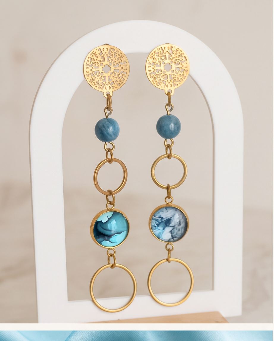 Boucles d'oreilles bleu et or apatite - Cabochon acier inoxydable