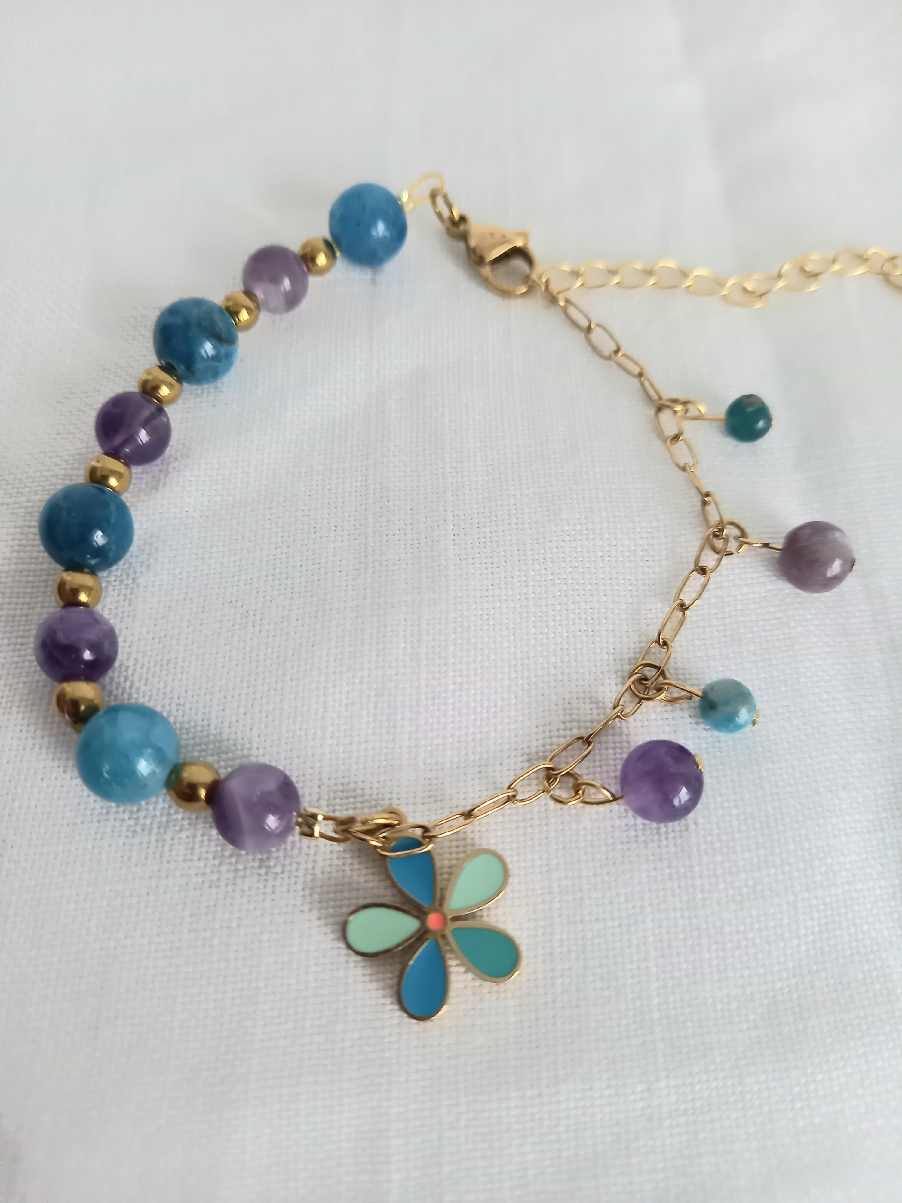 Bracelet améthyste apatite fleur - Pierres naturelles acier inoxydable