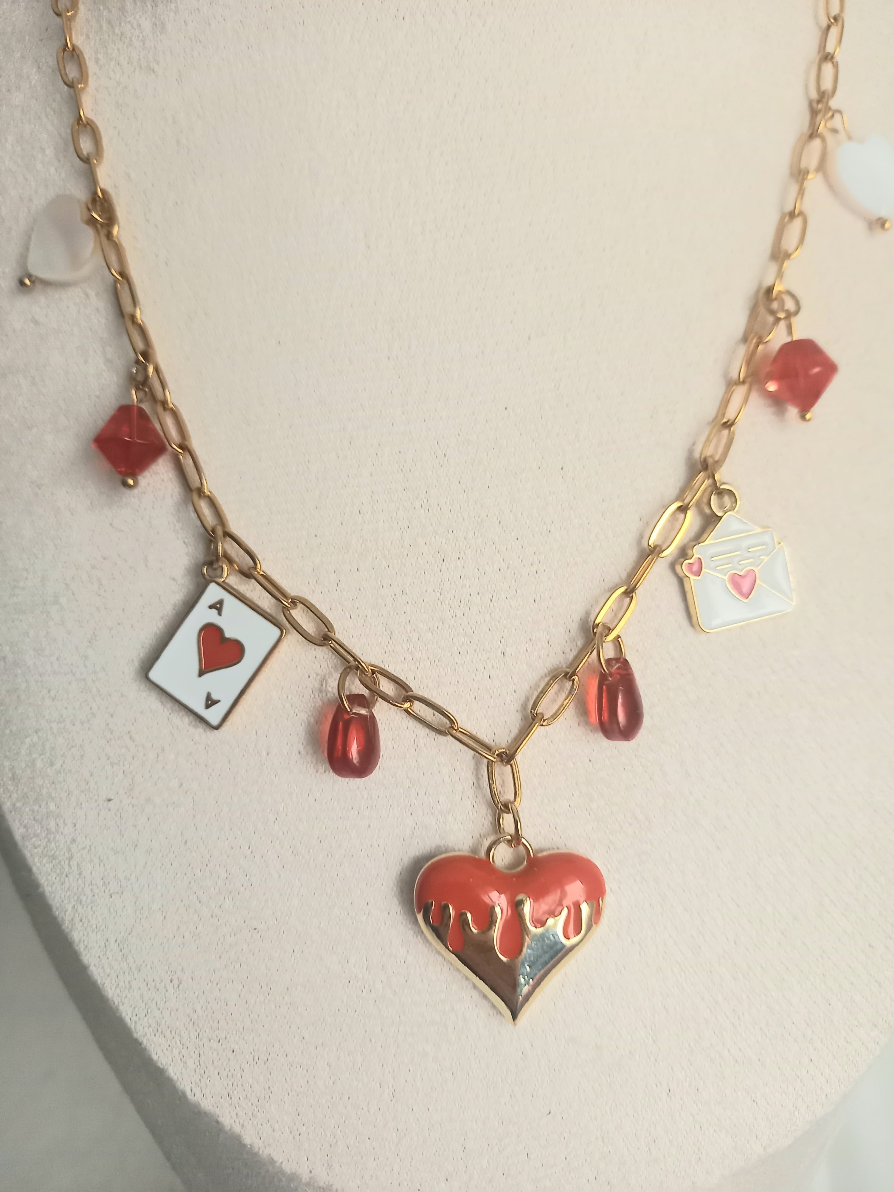 Collier rouge passion - Breloques acier inoxydable émail nacre 40cm