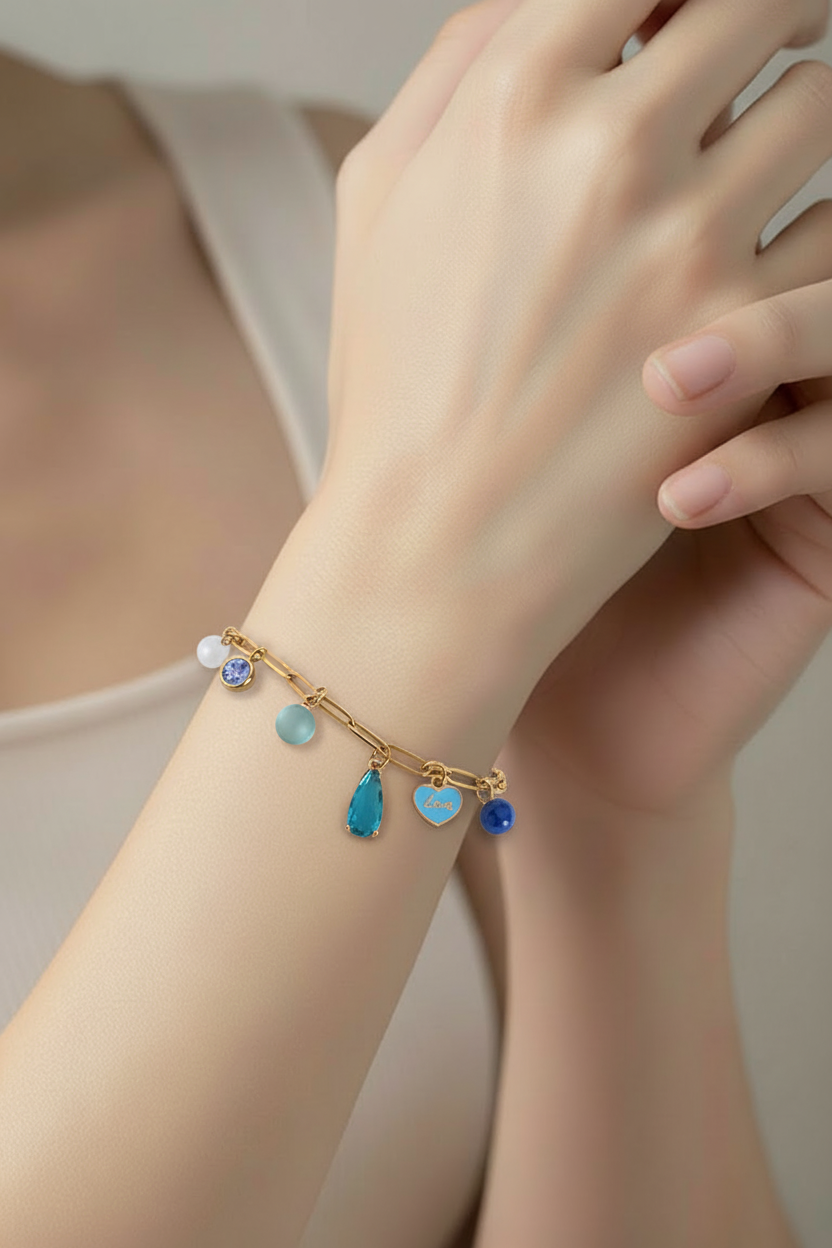 Bracelet bleu breloques - Verre acier inoxydable