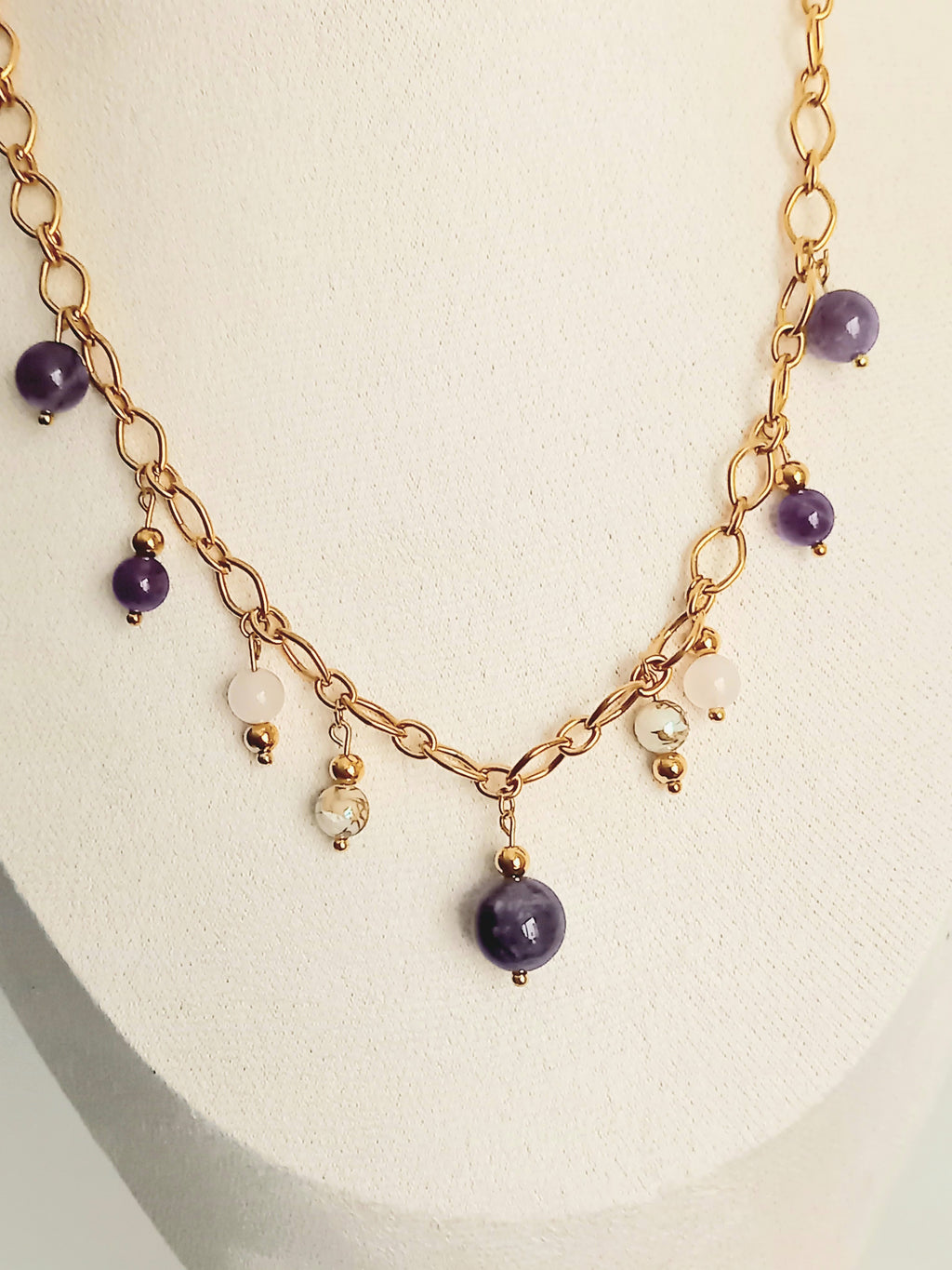 Collier Améthyste & Quartz Rose - Pierres Naturelles Acier Inoxydable  violetta 40cm