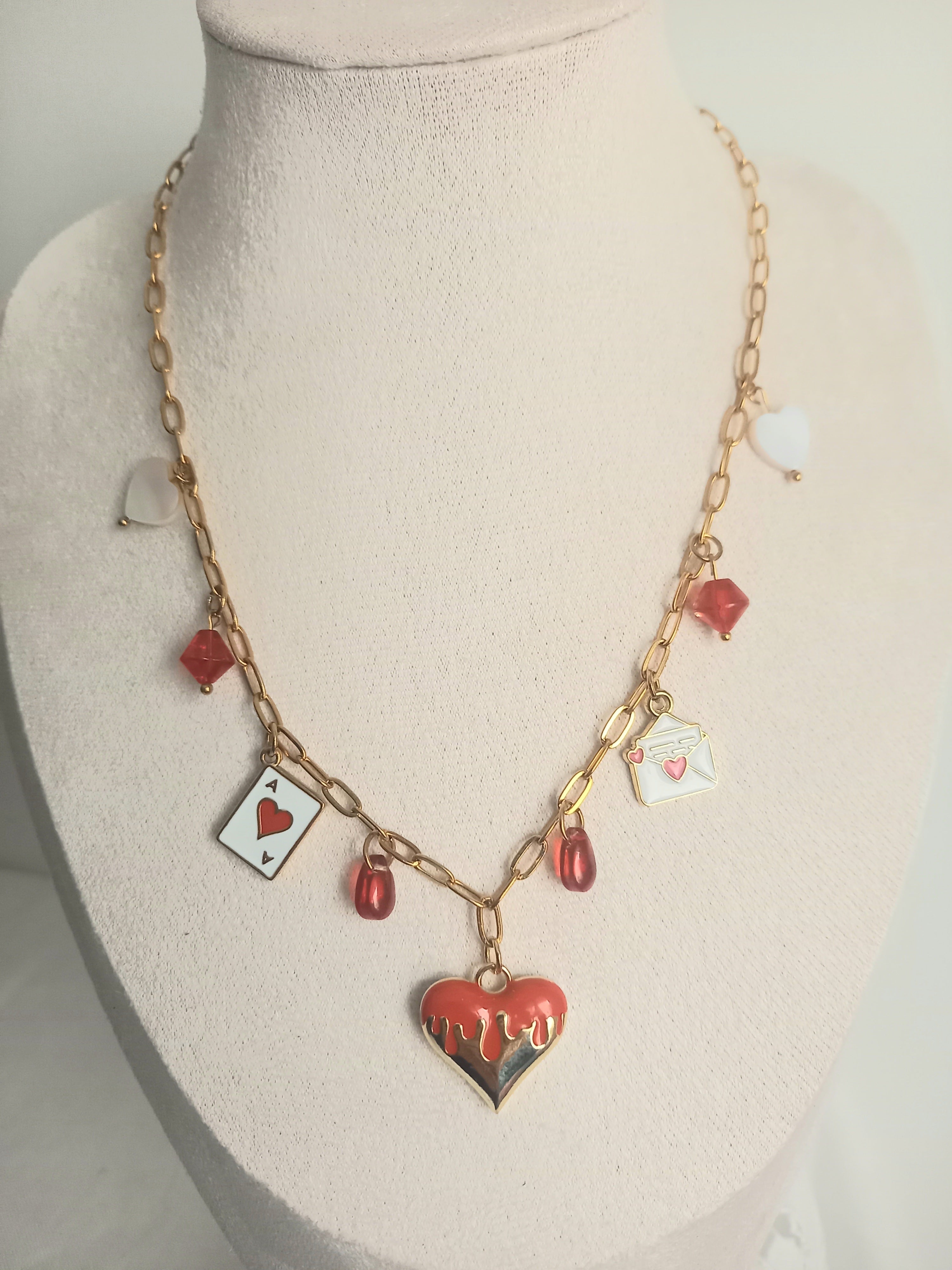 Collier rouge passion - Breloques acier inoxydable émail nacre 40cm