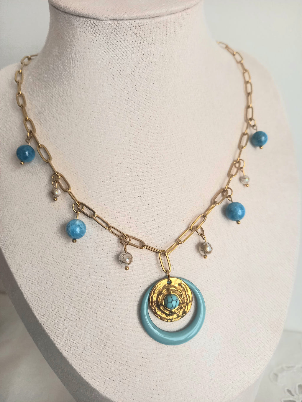 Collier Apatite & Verre - Breloque Émail Acier Inoxydable 40cm susanna