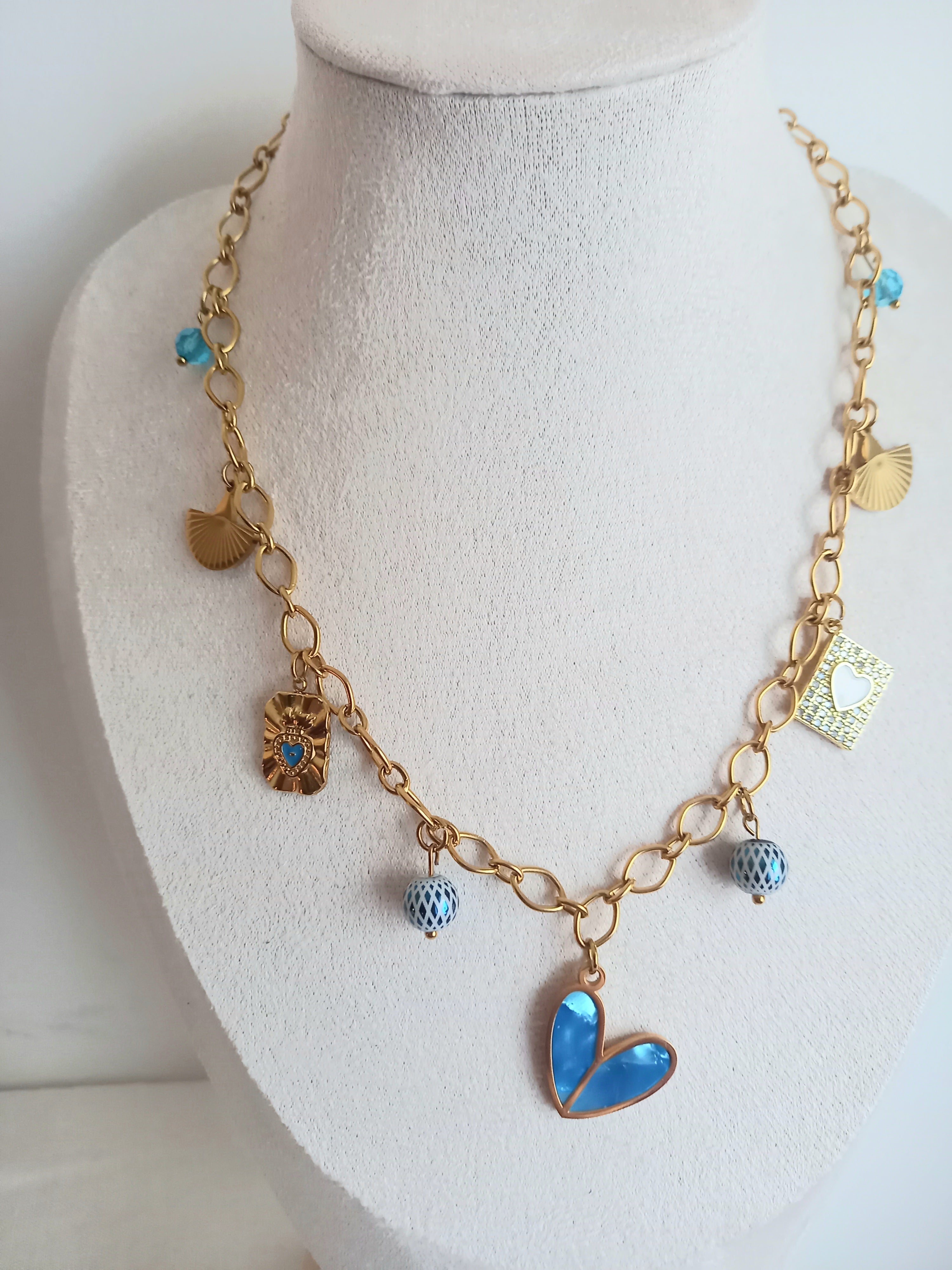 Collier Jana Tendance Bleu - Breloques Verre Émail Acier Inoxydable 40cm