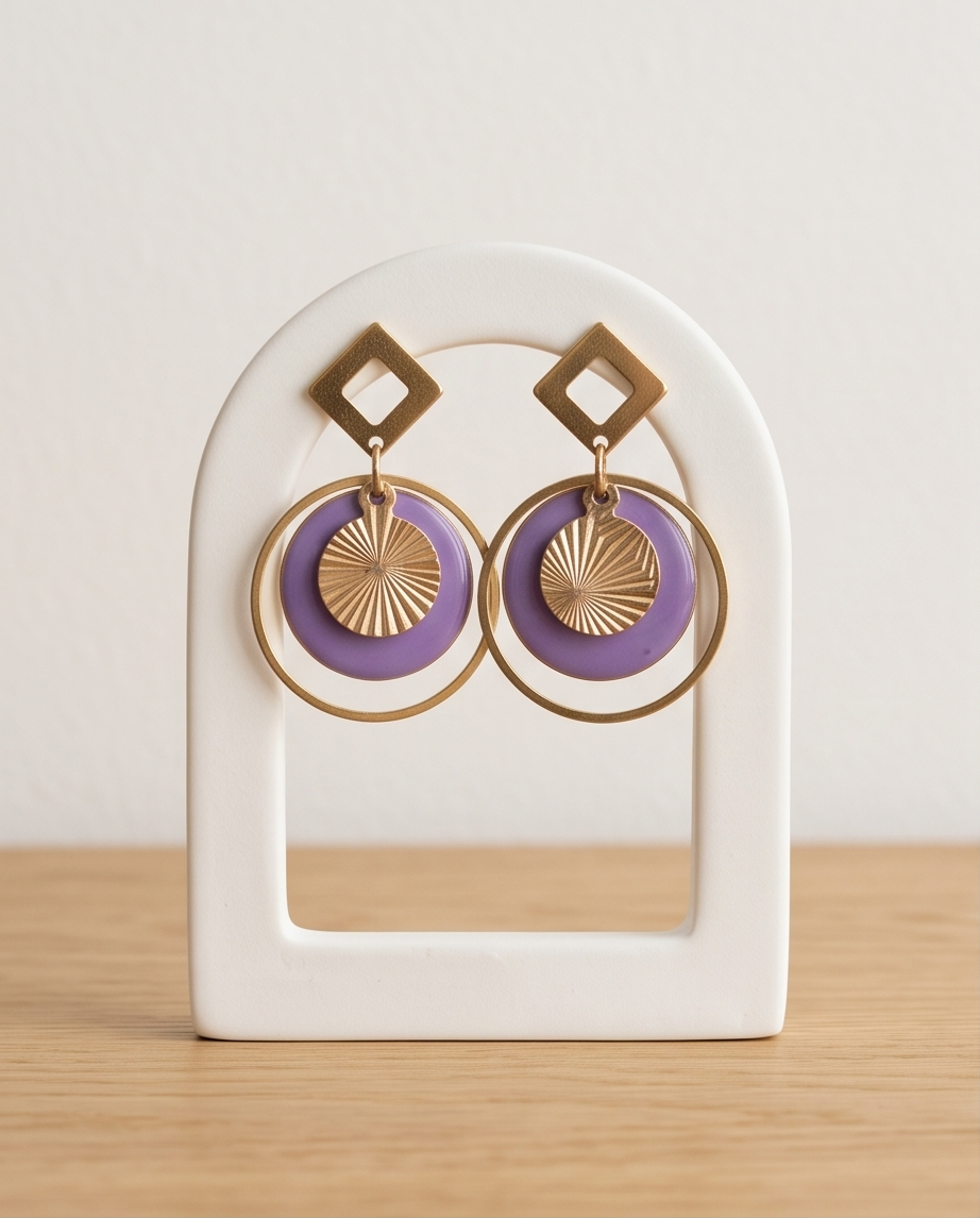 Boucles d'oreilles violettes en émail – Acier inoxydable | Bijou bohème fait main