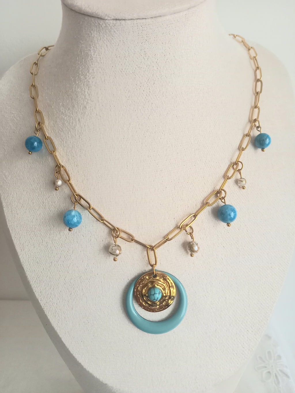Collier Apatite & Verre - Breloque Émail Acier Inoxydable 40cm susanna