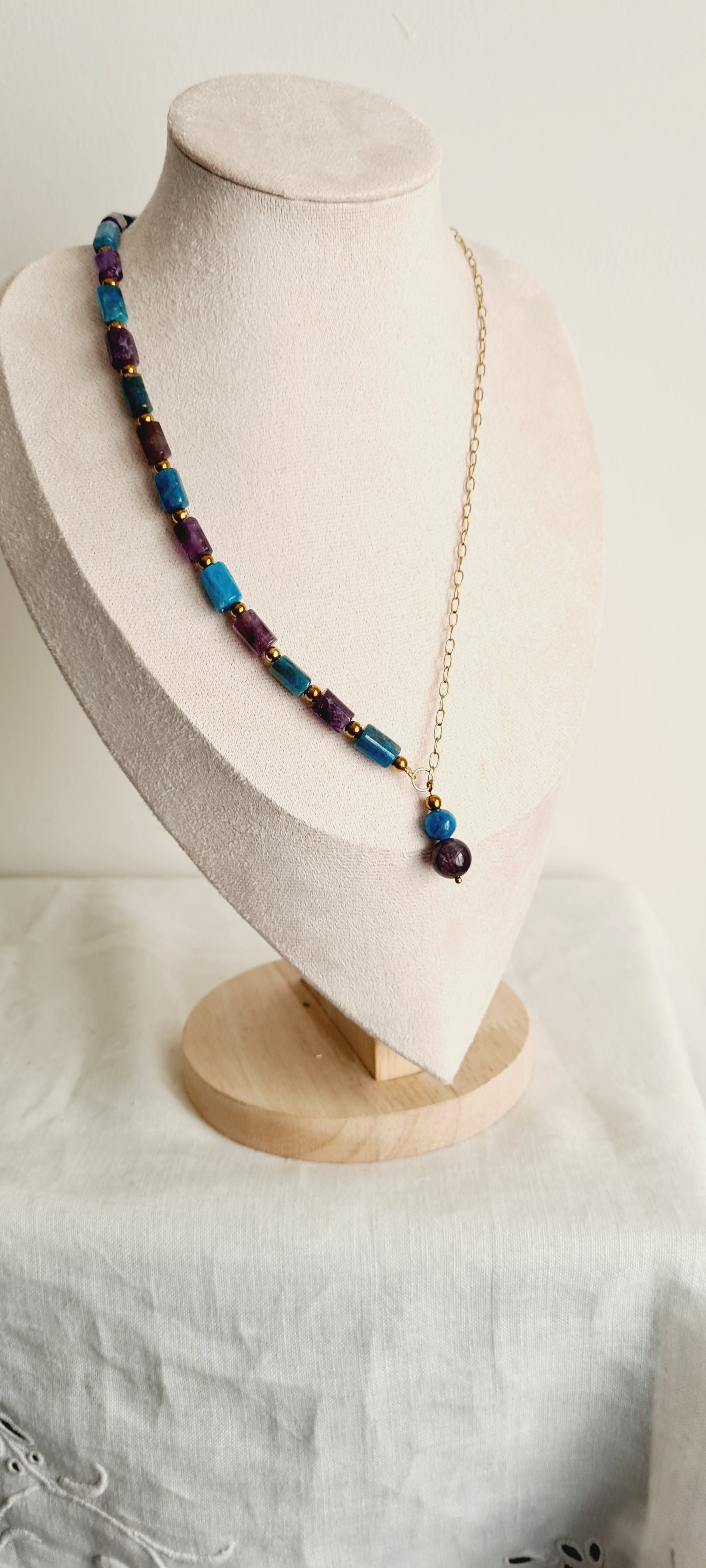 Collier lithotherapie améthyste apatite acier inoxydable lisa