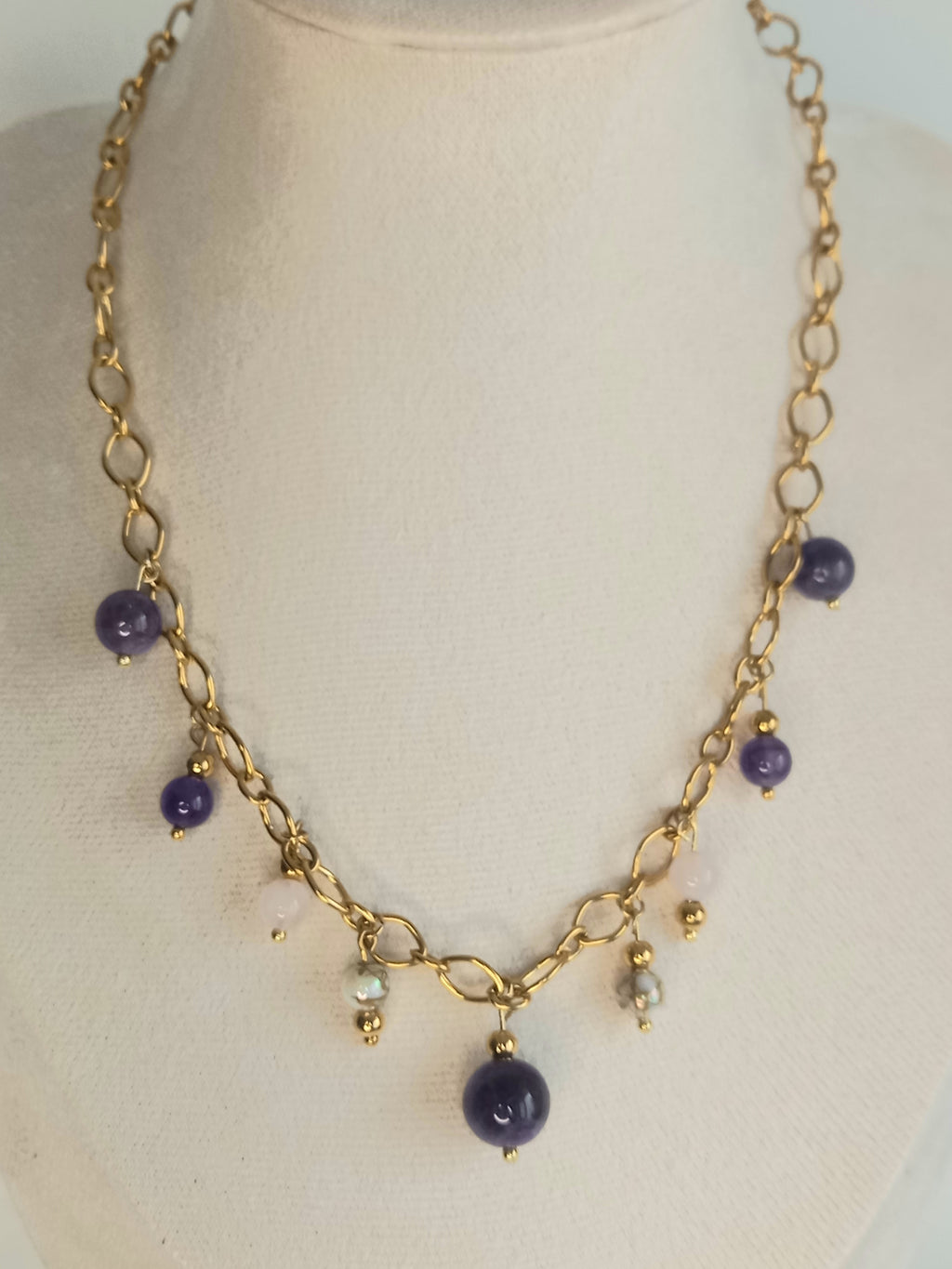 Collier Améthyste & Quartz Rose - Pierres Naturelles Acier Inoxydable  violetta 40cm