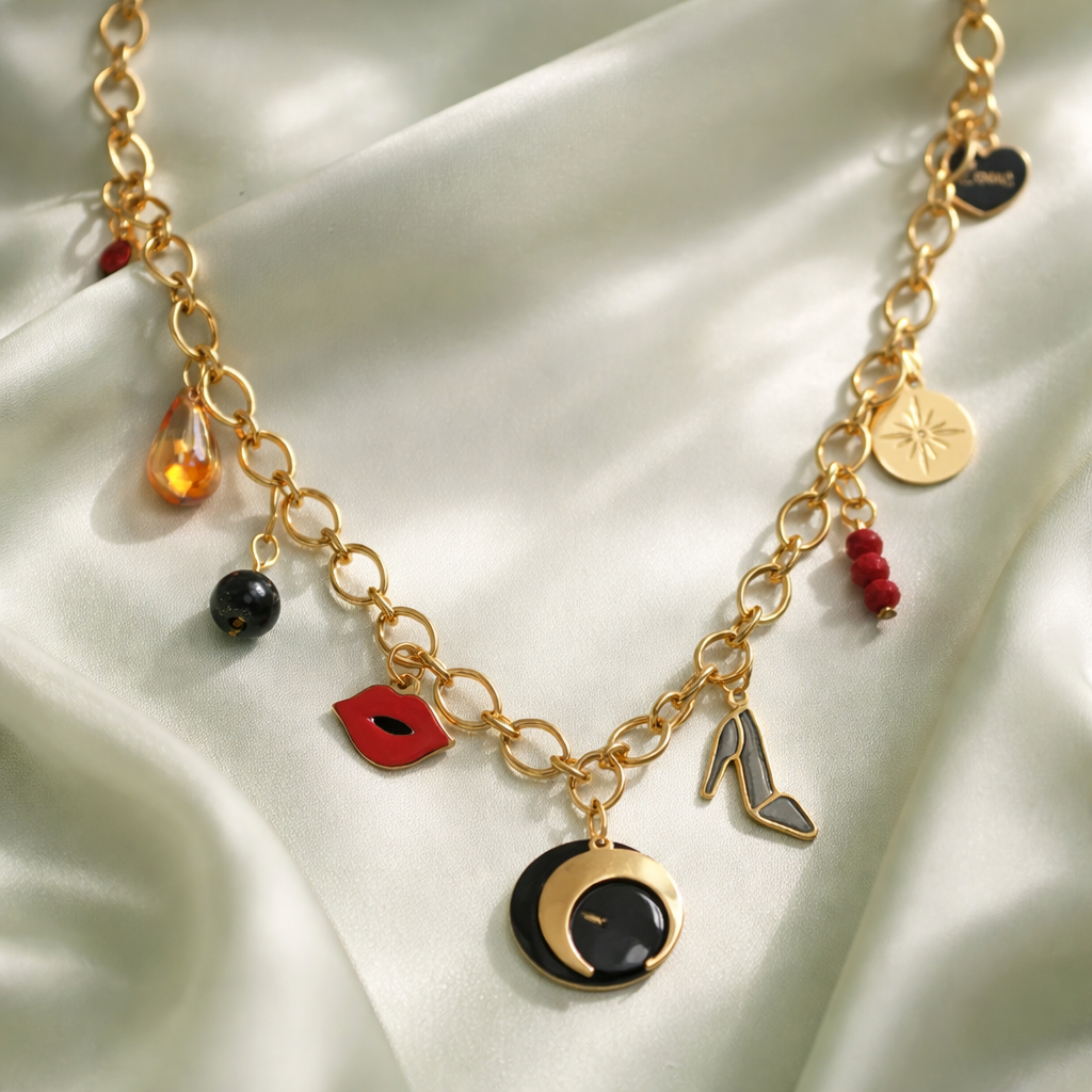 Collier rouge noir doré - Breloques acier inoxydable soirée Jeanne  40cm