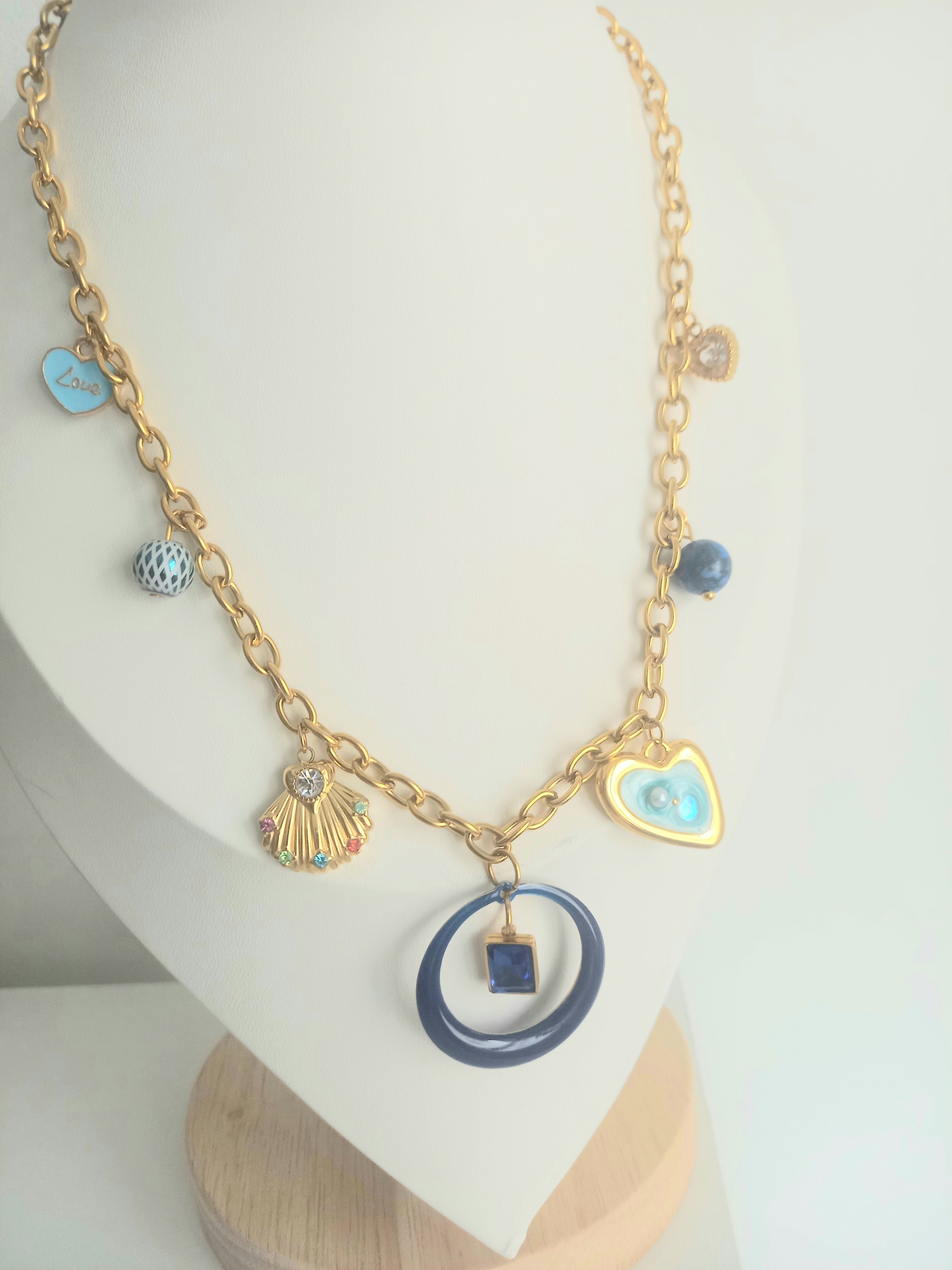 Collier Marina Bleu & Or - Breloques Verre Marbre Femme Bohème
