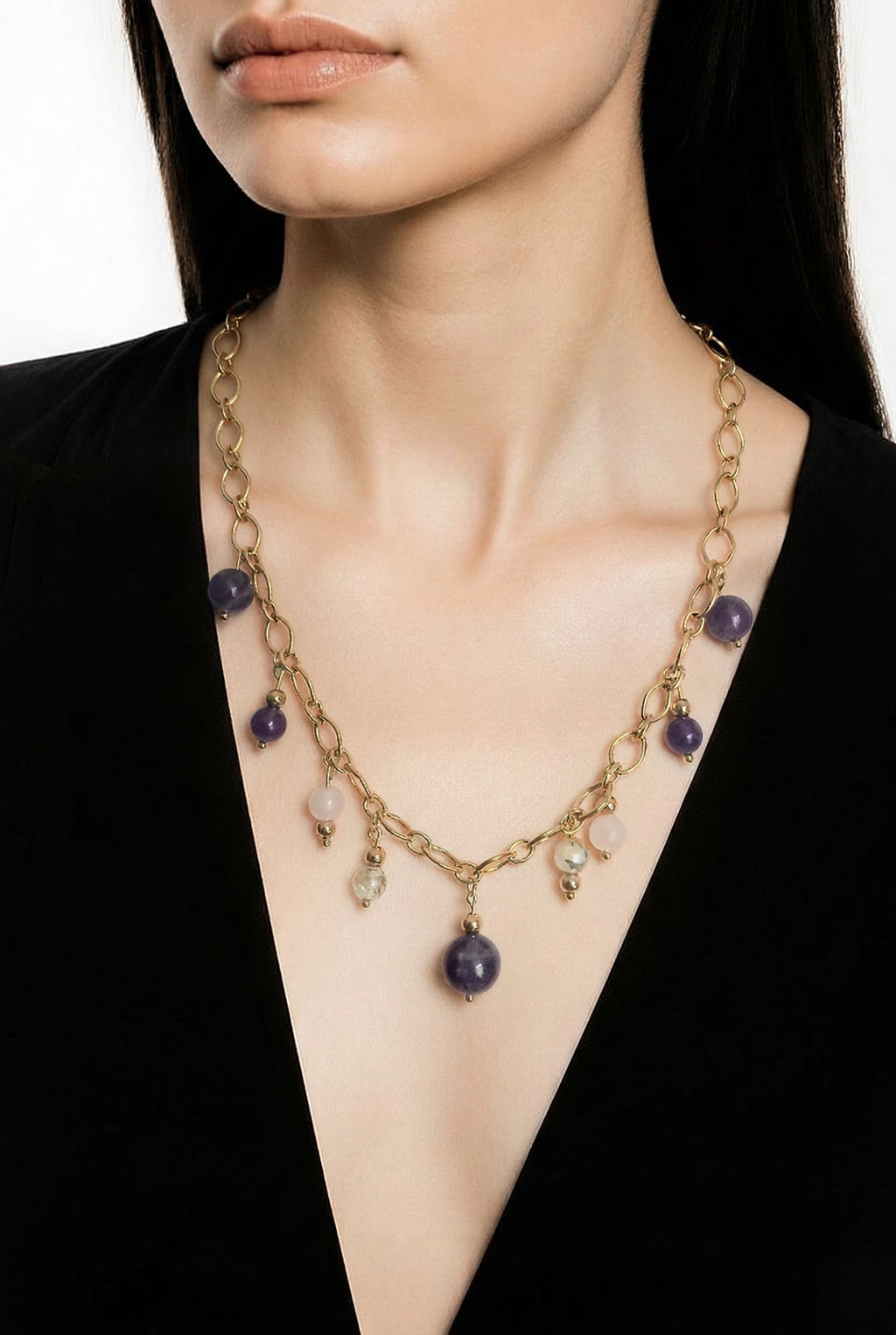 Collier Améthyste & Quartz Rose - Pierres Naturelles Acier Inoxydable  violetta 40cm