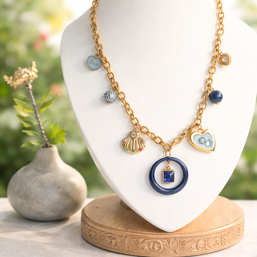 Collier Marina Bleu & Or - Breloques Verre Marbre Femme Bohème