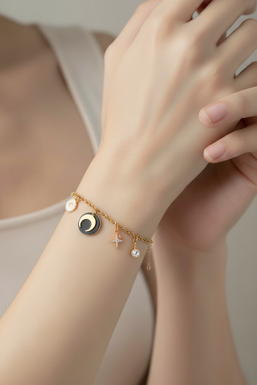 Bracelet Luna breloques - Chaîne acier inoxydable émail 16cm